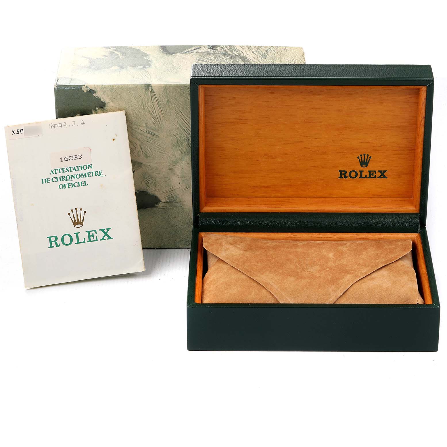 The image displays the open case and papers for a Rolex Datejust 16233 Men's Steel and Gold (two tone) White Dial 16233 Men's Steel and Gold (two tone) White Dial watch.
