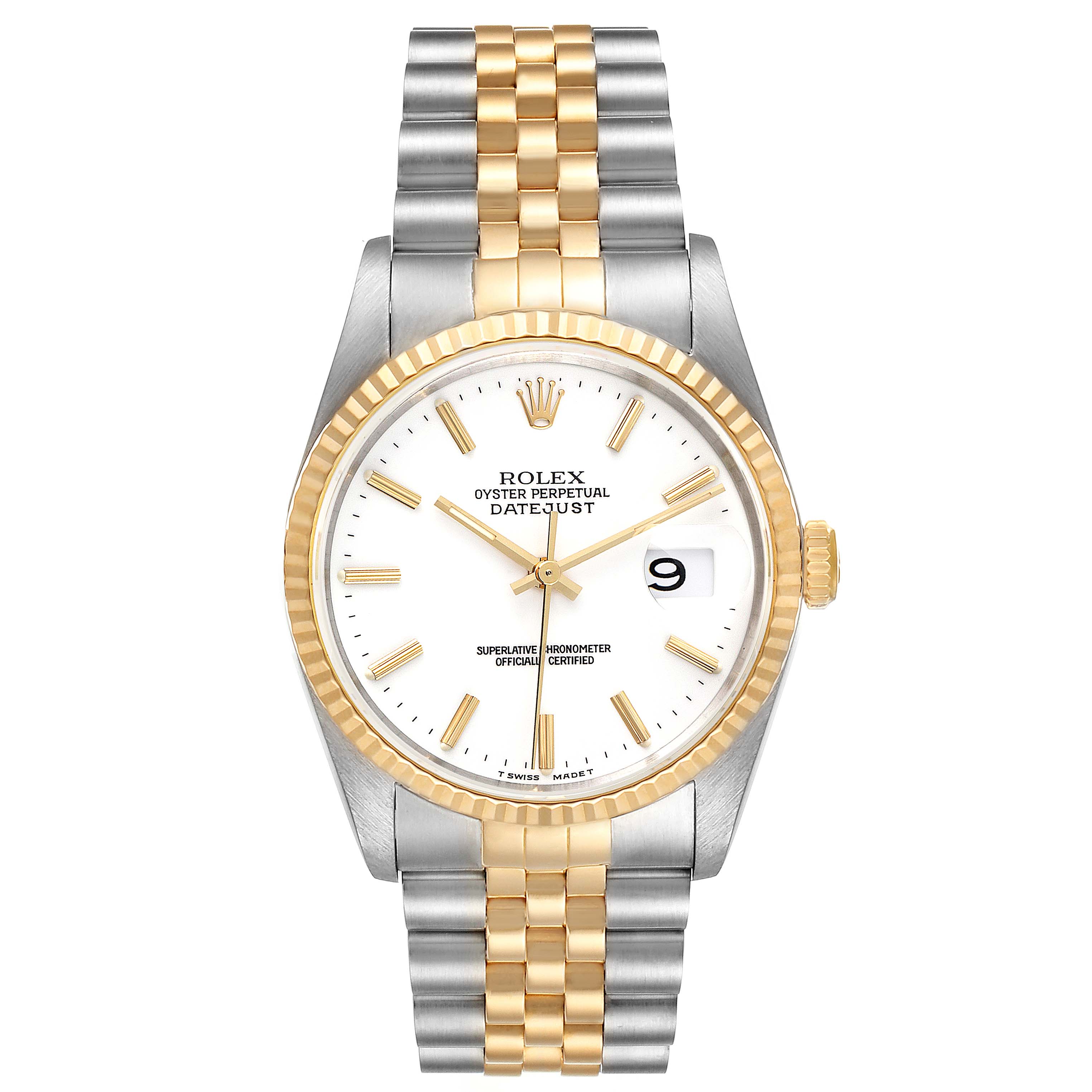 The image shows a front view of a Rolex Datejust 16233 Men's Steel and Gold (two tone) White Dial 16233 Men's Steel and Gold (two tone) White Dial watch, highlighting the face, bezel, and bracelet.