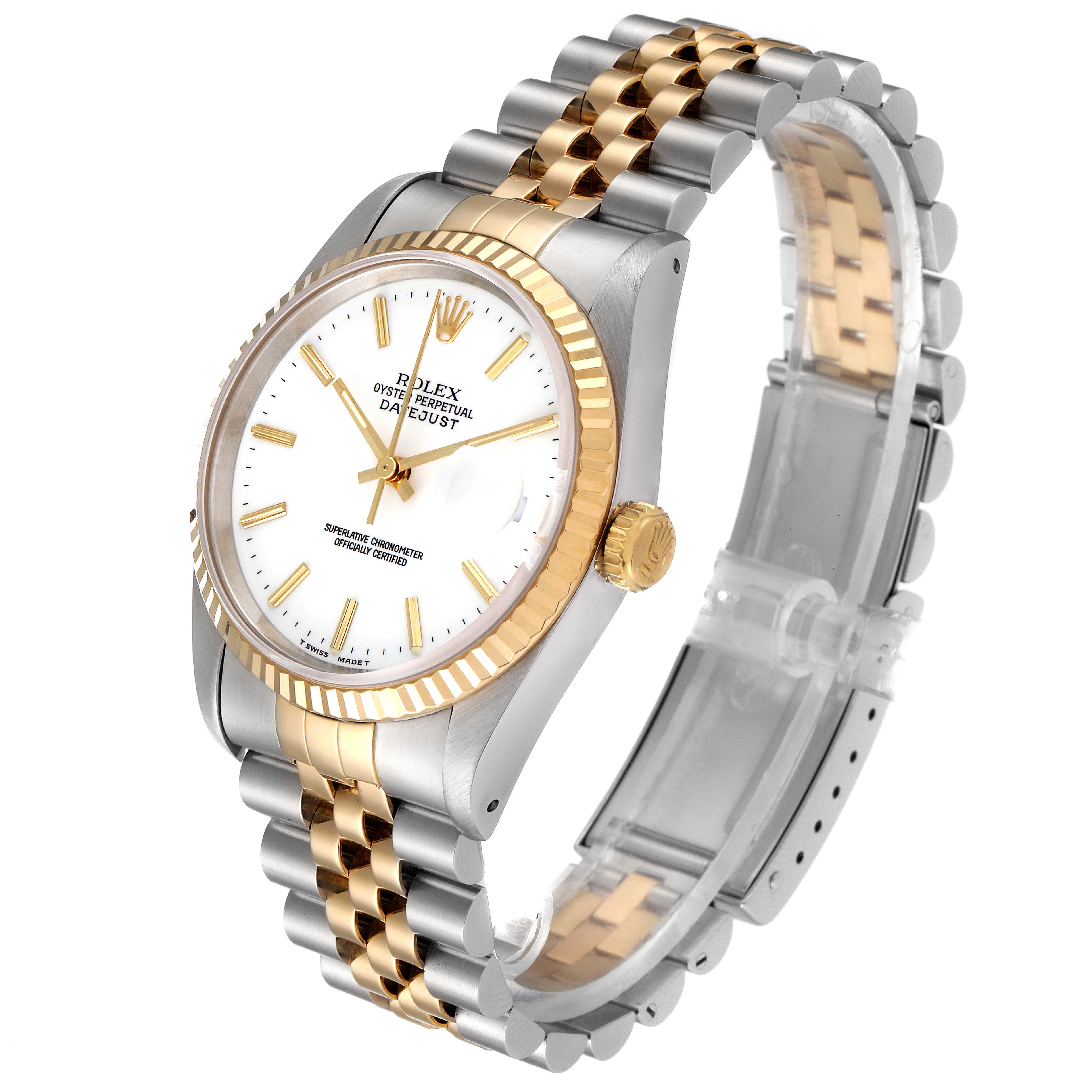The image shows a Rolex Datejust 16233 Men's Steel and Gold (two tone) White Dial 16233 Men's Steel and Gold (two tone) White Dial watch angled to highlight the face, bezel, crown, and two-tone bracelet.