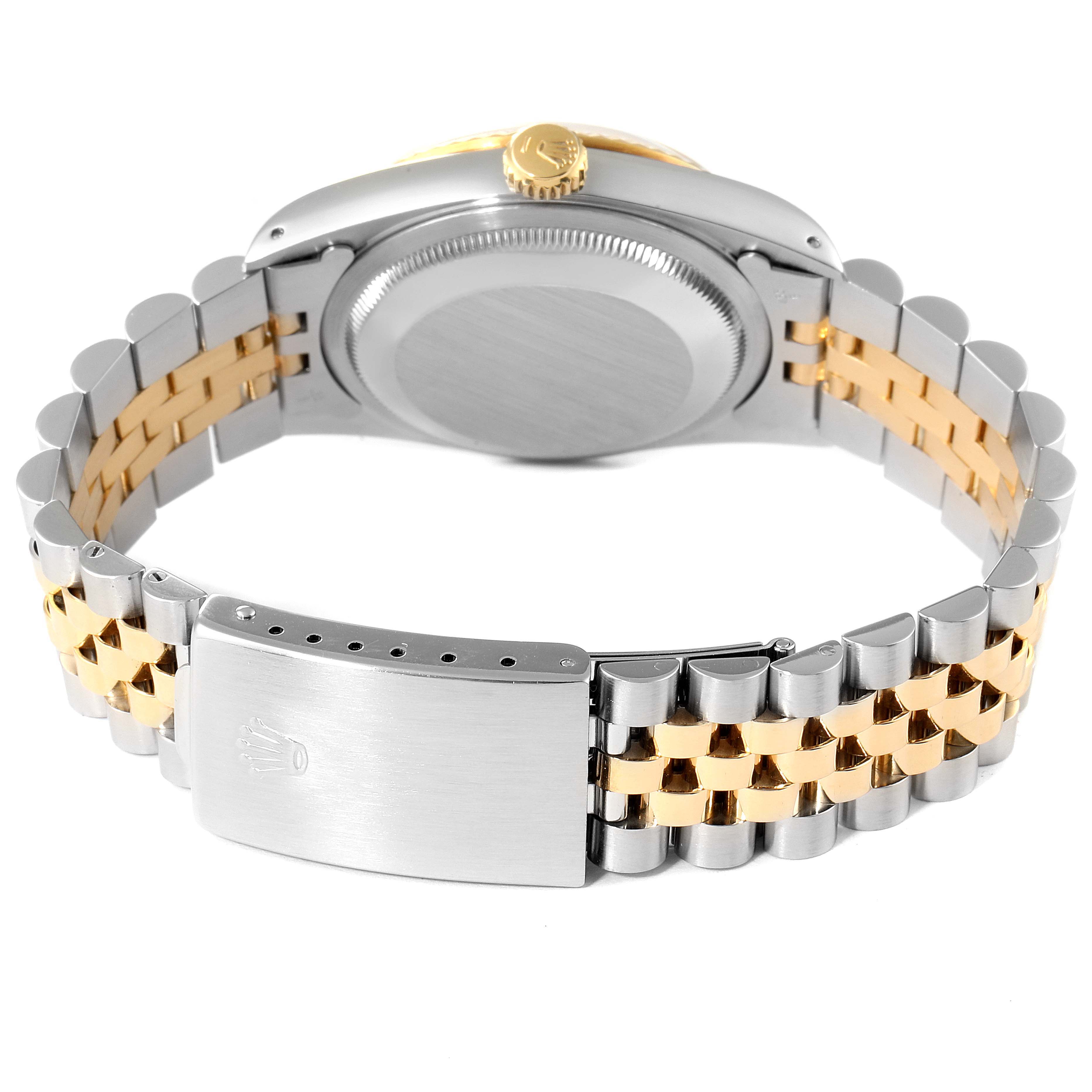 This image shows the back view of the Rolex Datejust 16233 Men's Steel and Gold (two tone) White Dial 16233 Men's Steel and Gold (two tone) White Dial watch, highlighting the bracelet and clasp.