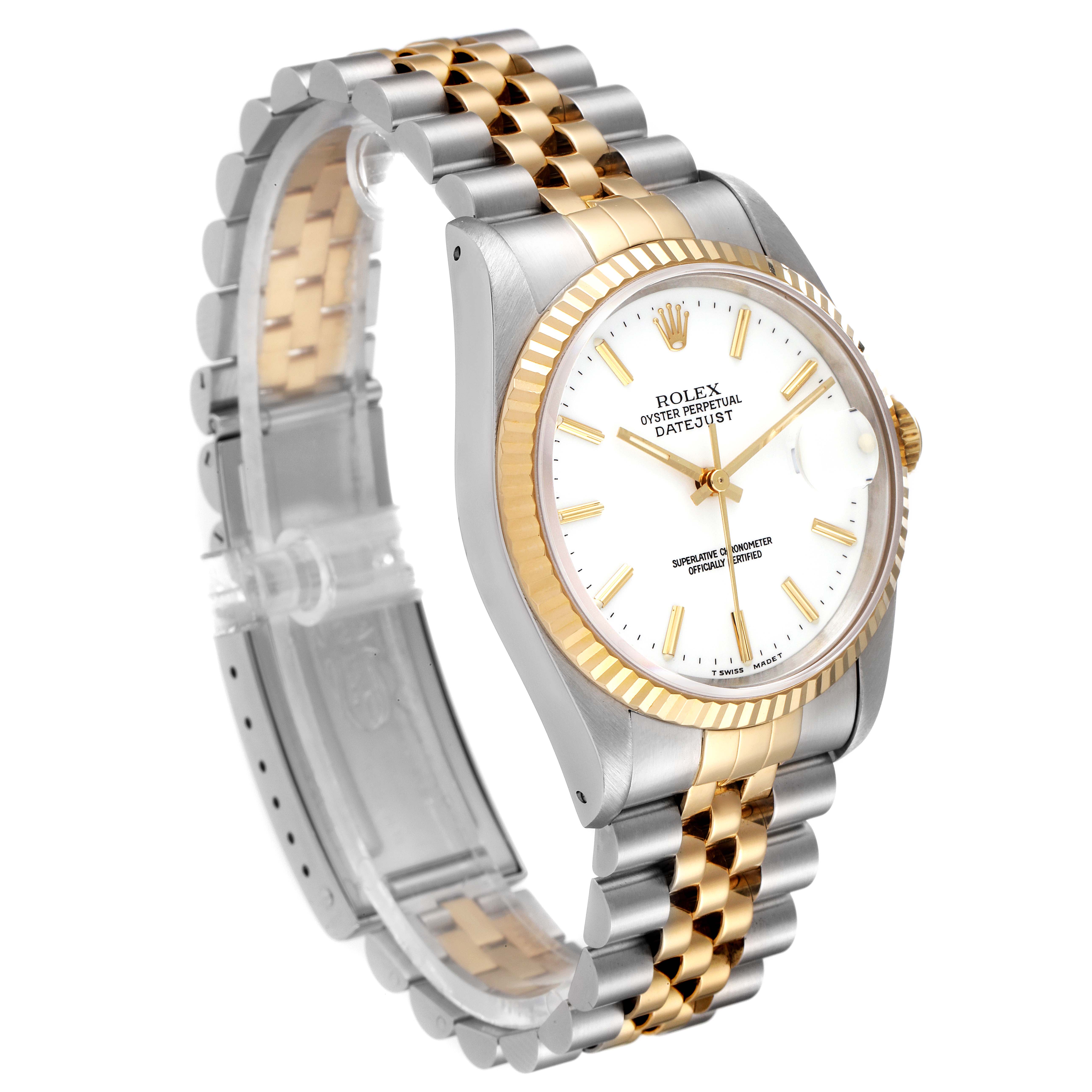 This Rolex Datejust 16233 Men's Steel and Gold (two tone) White Dial 16233 Men's Steel and Gold (two tone) White Dial watch is shown at a slight angle, displaying its gold and stainless steel Jubilee bracelet and white dial.