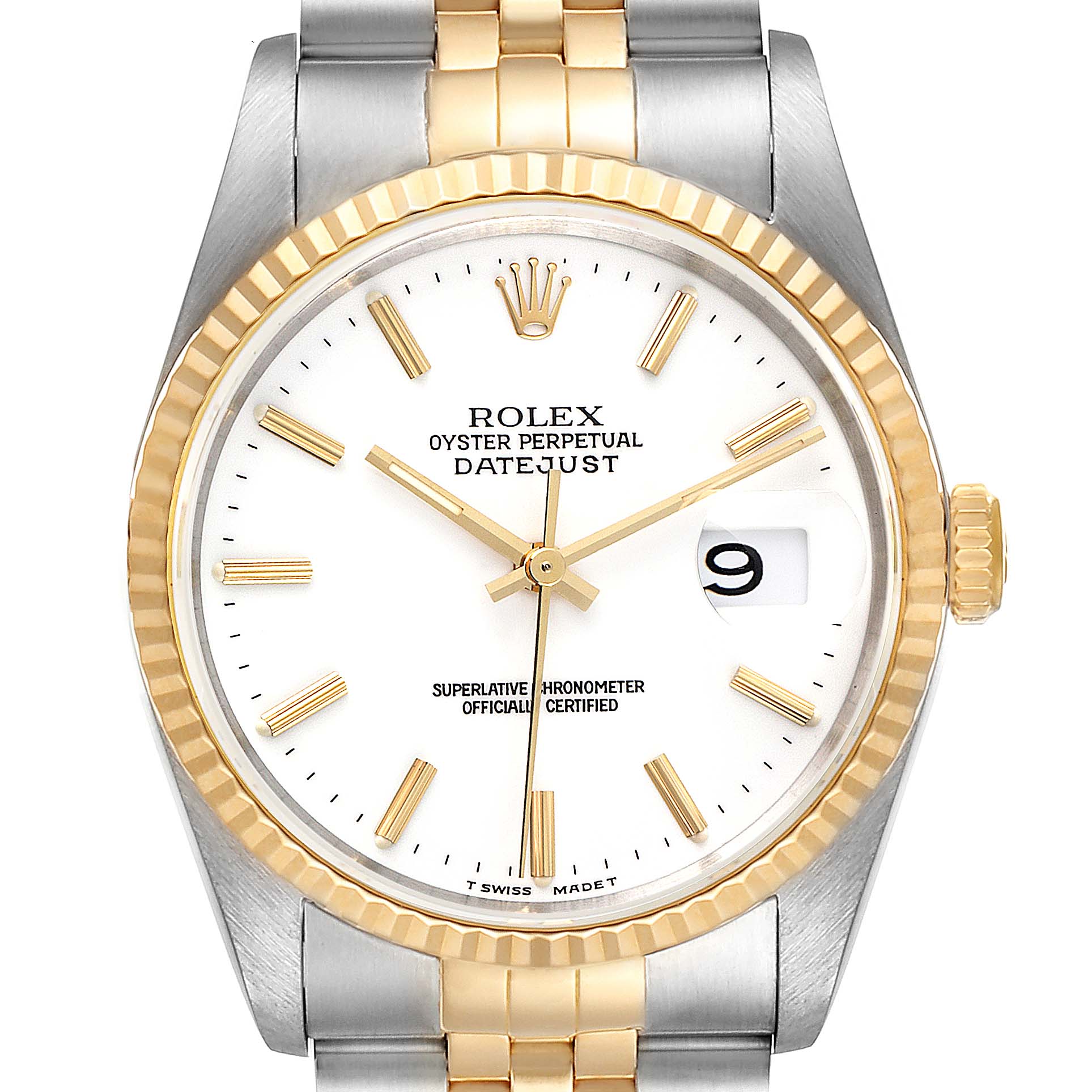 The image shows a front view of a Rolex Datejust 16233 Men's Steel and Gold (two tone) White Dial 16233 Men's Steel and Gold (two tone) White Dial watch, highlighting the dial, fluted bezel, and part of the two-tone bracelet.