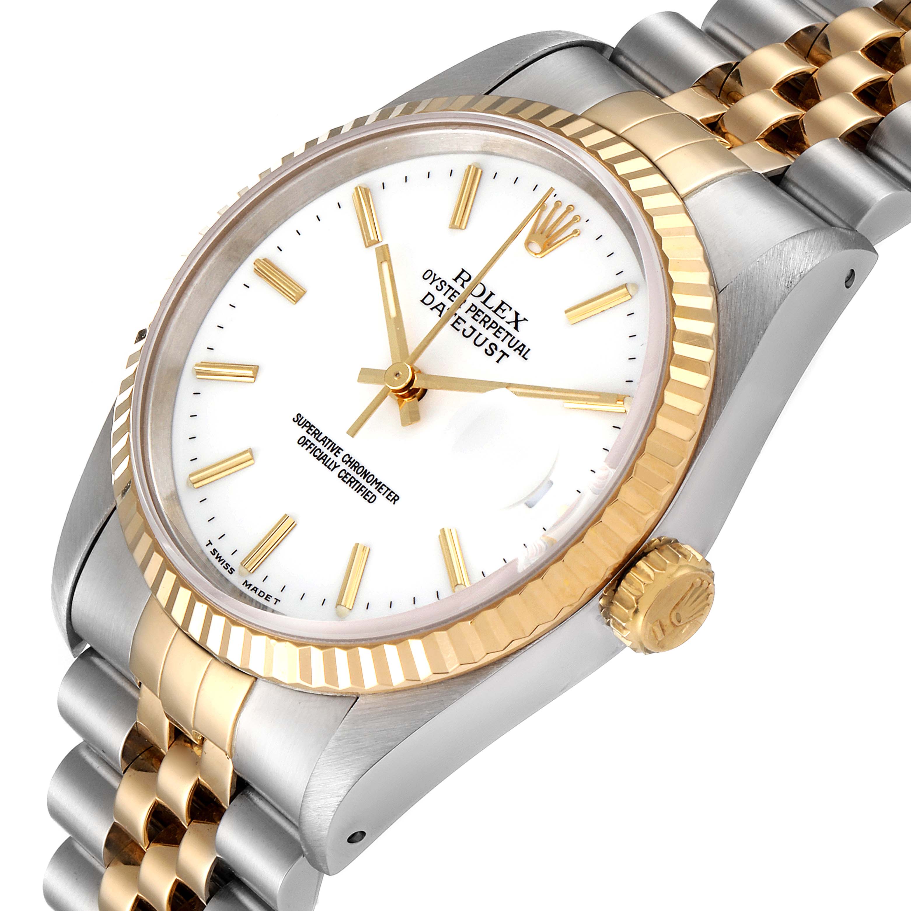The image shows a close-up angled view of a Rolex Datejust 16233 Men's Steel and Gold (two tone) White Dial 16233 Men's Steel and Gold (two tone) White Dial watch, highlighting its dial, bezel, crown, and bracelet.