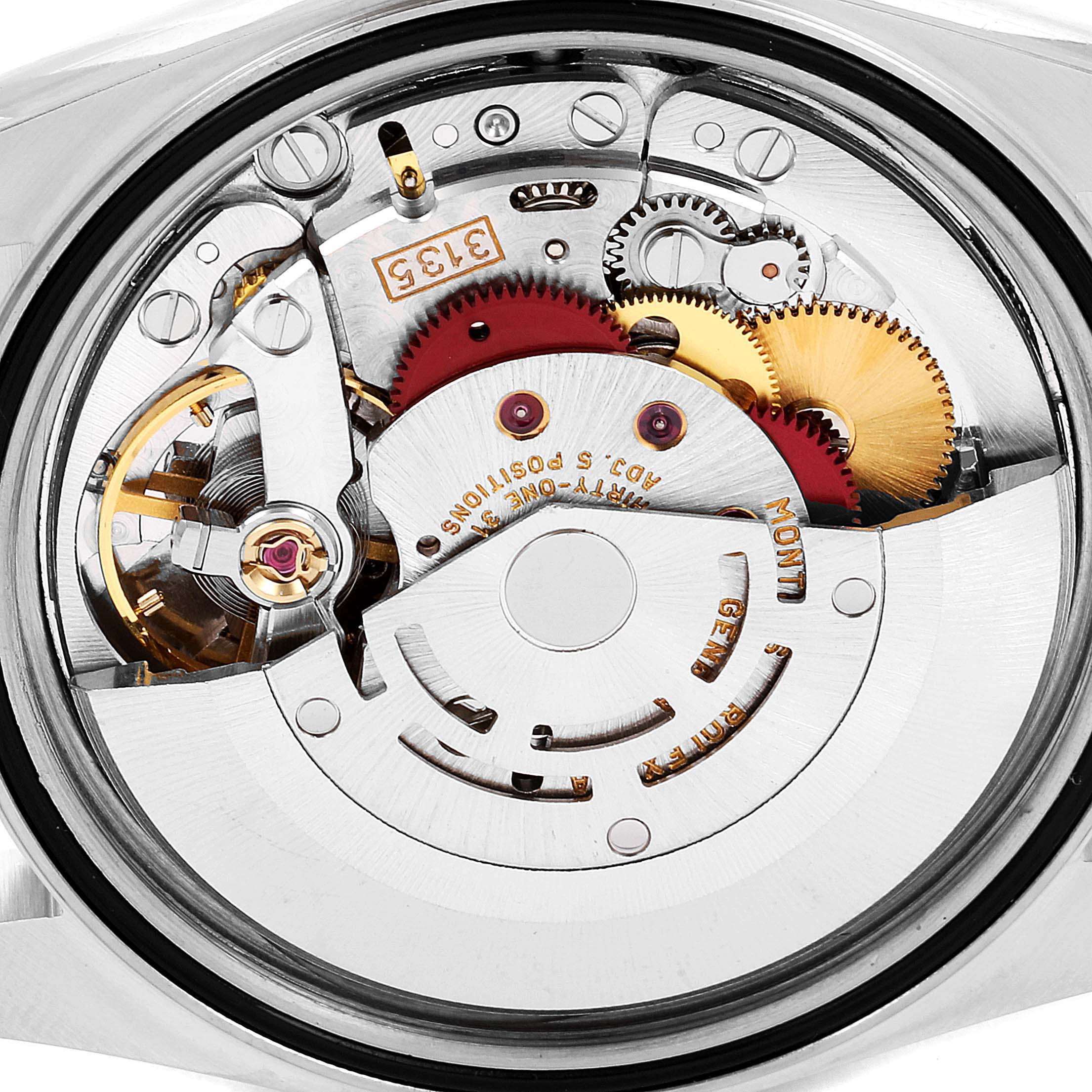 This image shows the inner mechanical components of a Rolex Datejust 16233 Men's Steel and Gold (two tone) White Dial 16233 Men's Steel and Gold (two tone) White Dial watch, viewed from the back.