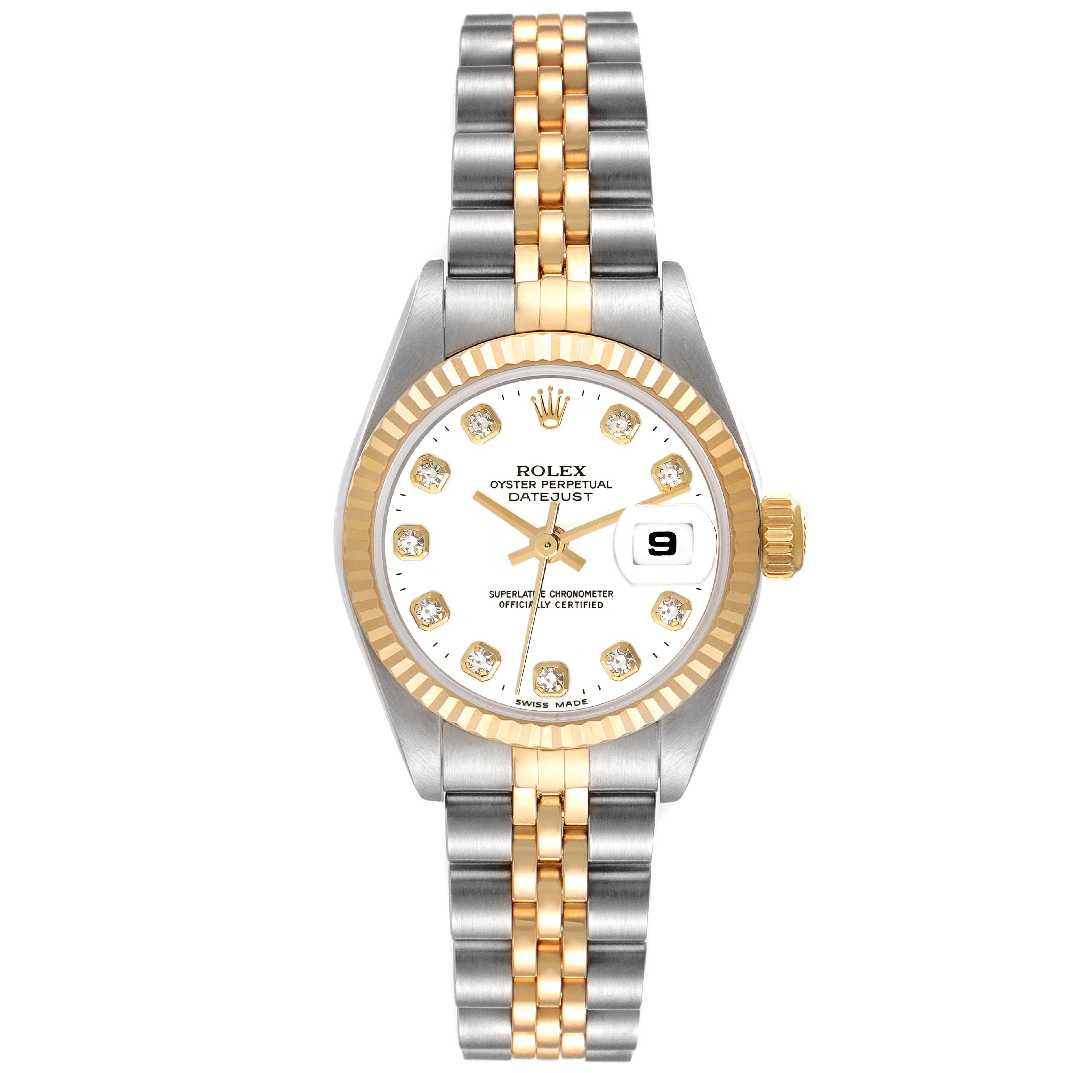The image shows a frontal view of a Rolex Datejust 79173 Women's Steel and Gold (two tone) White Dial 79173 Women's Steel and Gold (two tone) White Dial watch, highlighting its dial, bezel, and two-tone bracelet.