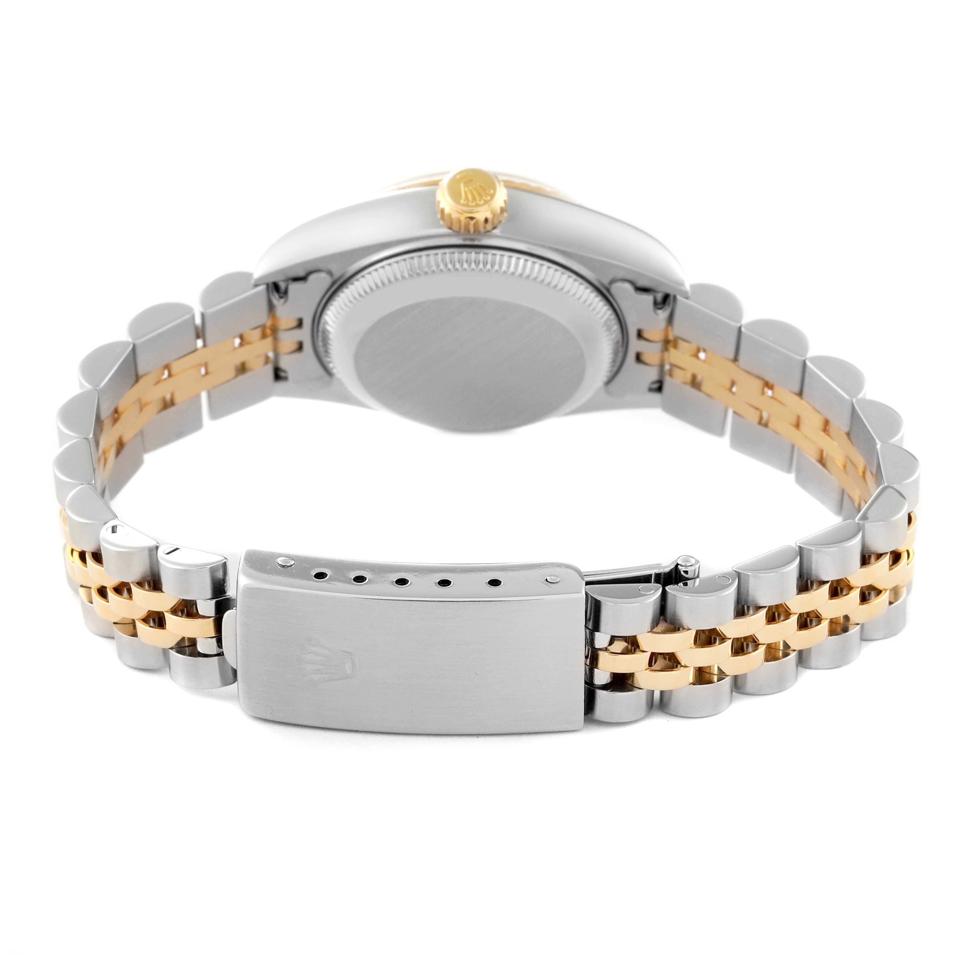This image shows the back view of a Rolex Datejust 79173 Women's Steel and Gold (two tone) White Dial 79173 Women's Steel and Gold (two tone) White Dial, featuring the caseback and two-tone bracelet with clasp.