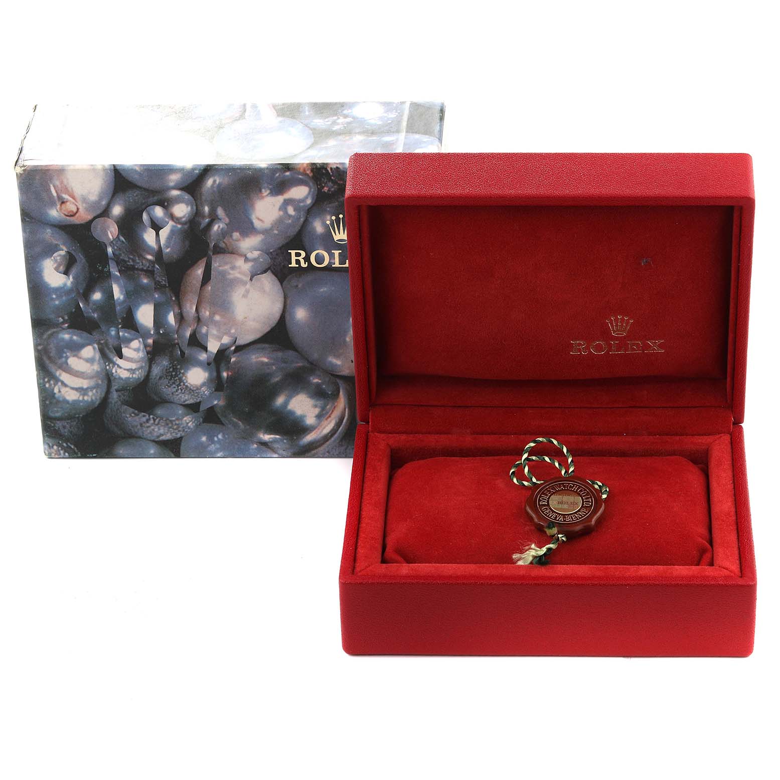 This image shows a Rolex Datejust 79173 Women's Steel and Gold (two tone) White Dial 79173 Women's Steel and Gold (two tone) White Dial watch box, including an outer shell and an open red velvet inner box with an attached tag.