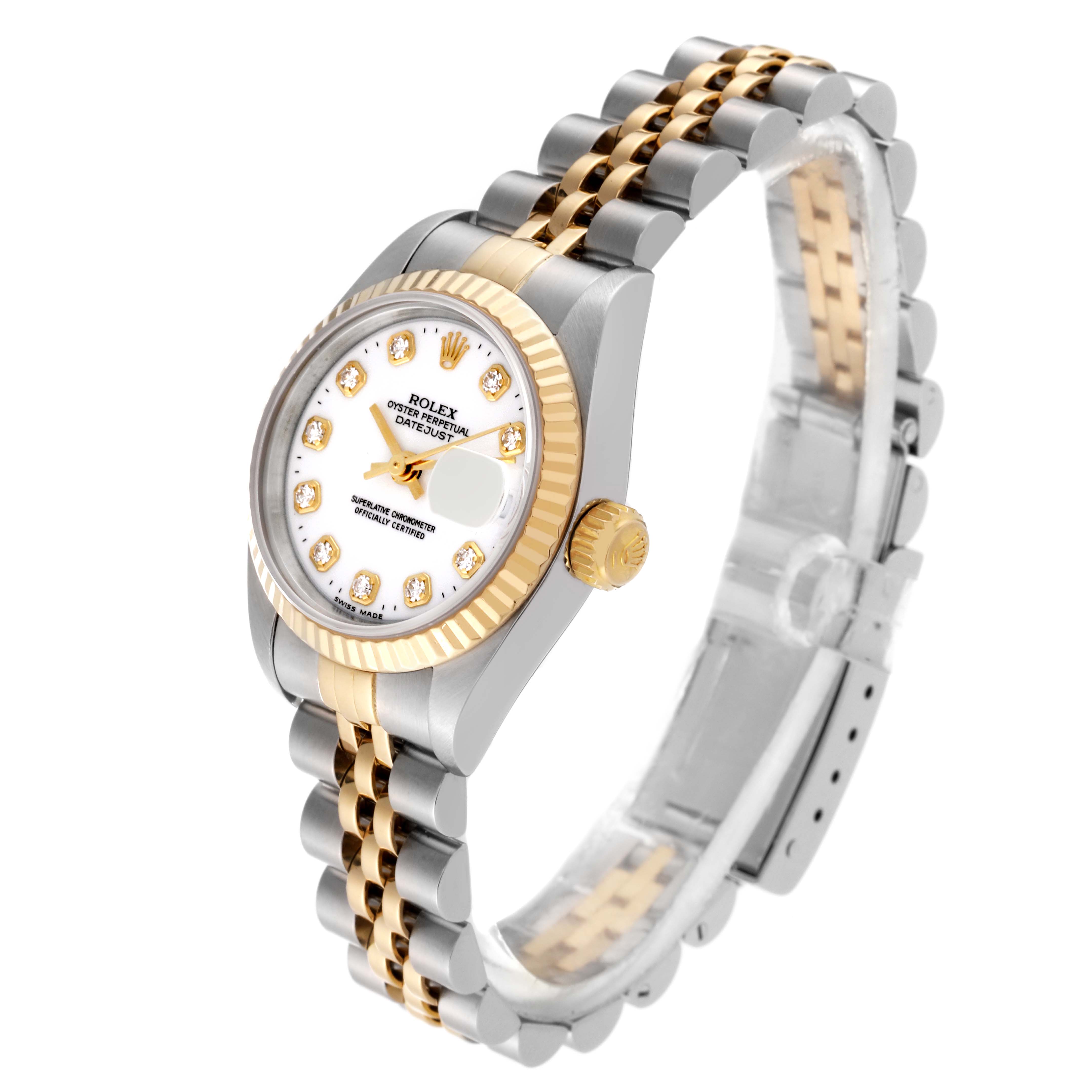The Rolex Datejust 79173 Women's Steel and Gold (two tone) White Dial 79173 Women's Steel and Gold (two tone) White Dial watch is shown from an angled front view, highlighting the face, bezel, crown, and bracelet.