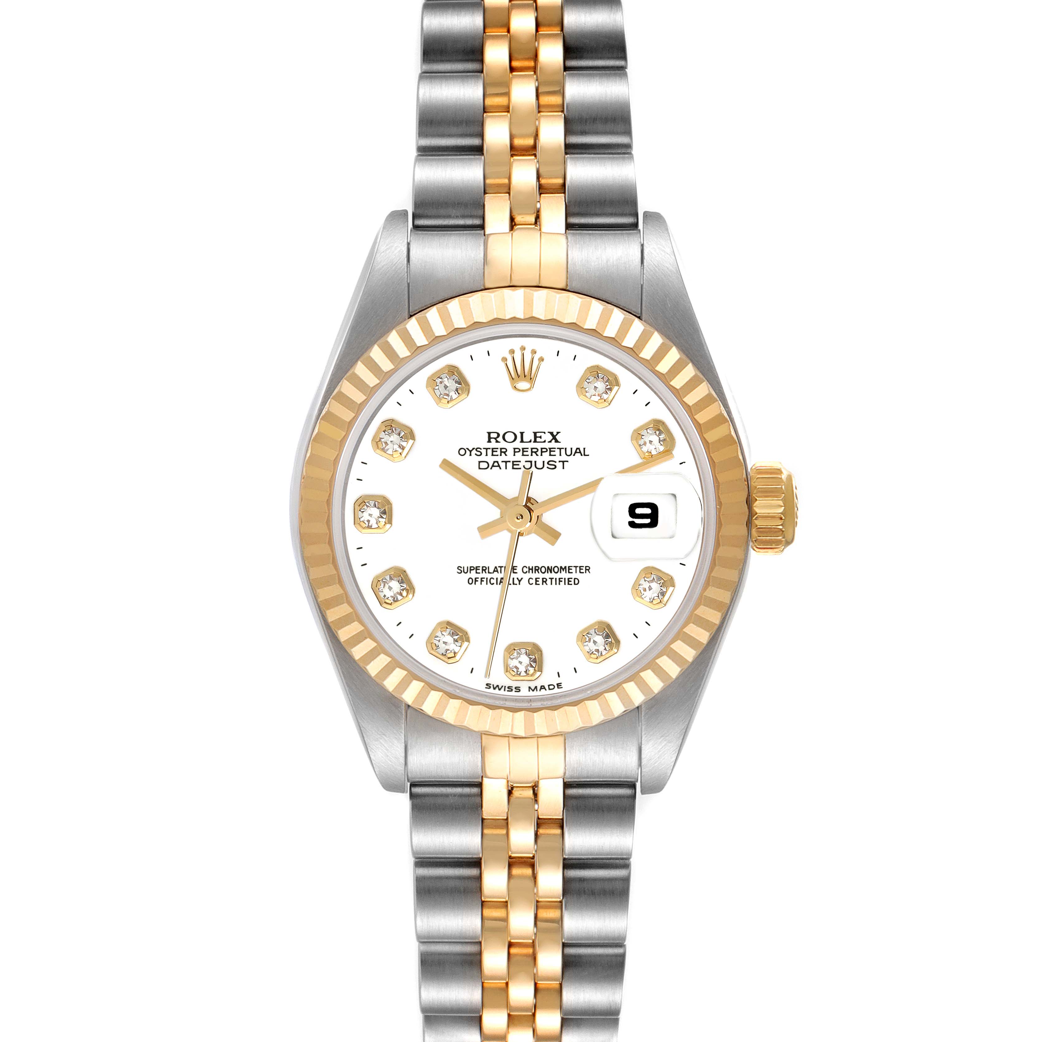 The image shows a Rolex Datejust 79173 Women's Steel and Gold (two tone) White Dial 79173 Women's Steel and Gold (two tone) White Dial watch front-on, highlighting its face, bezel, crown, and two-tone bracelet.