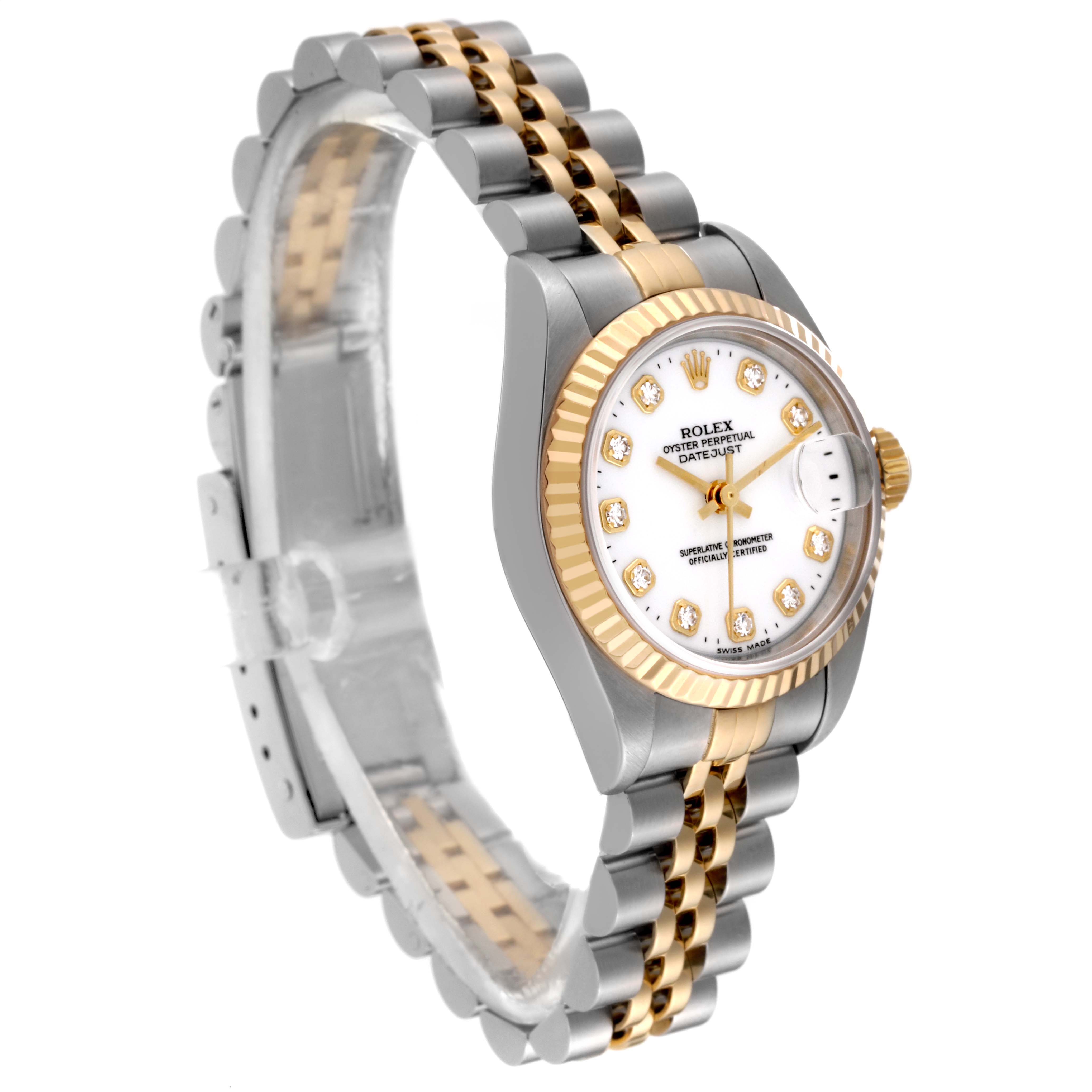 The Rolex Datejust 79173 Women's Steel and Gold (two tone) White Dial 79173 Women's Steel and Gold (two tone) White Dial watch is shown at a slight angle, displaying its two-tone band, fluted bezel, and white dial with diamond markers.