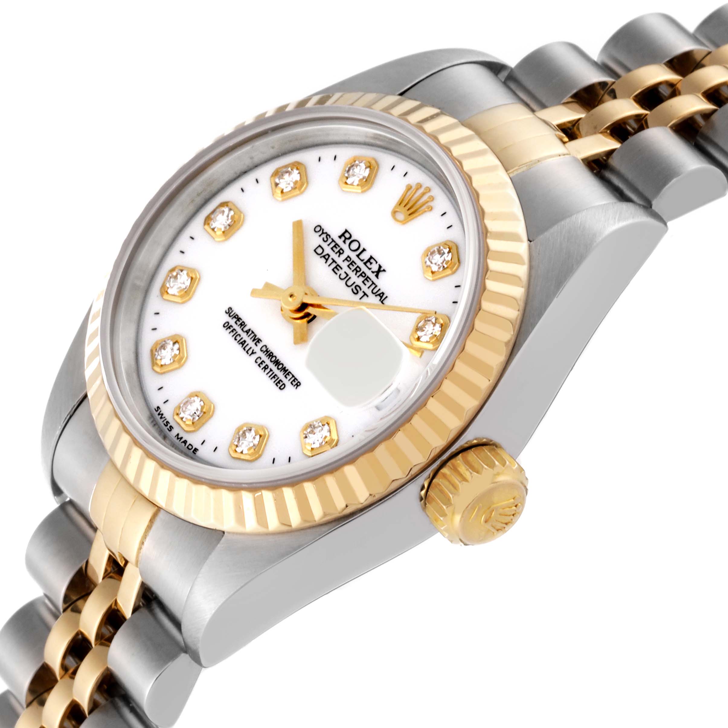 The image shows a Rolex Datejust 79173 Women's Steel and Gold (two tone) White Dial 79173 Women's Steel and Gold (two tone) White Dial watch at a slight angle, featuring the dial, bezel, crown, and part of the bracelet.