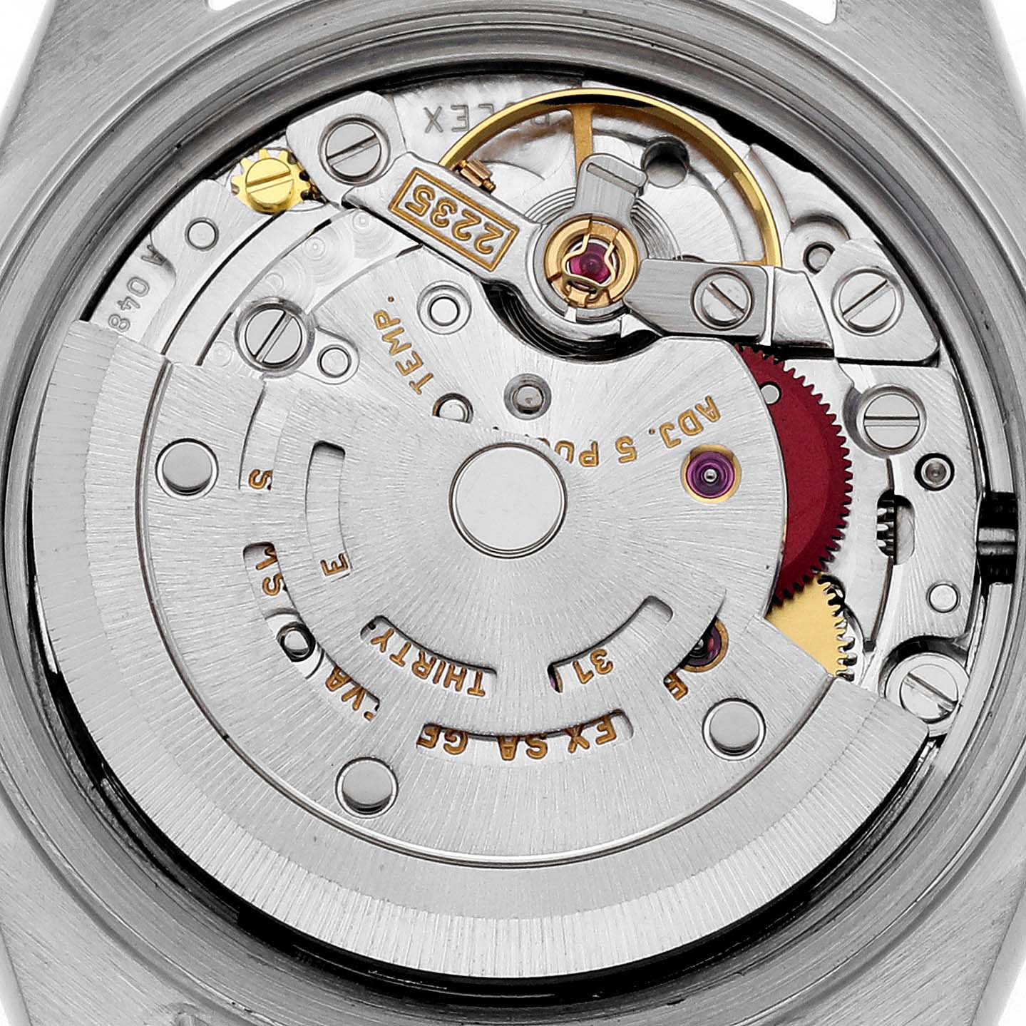 The image shows the movement and internal mechanism of a Rolex Datejust 79173 Women's Steel and Gold (two tone) White Dial 79173 Women's Steel and Gold (two tone) White Dial watch from the back angle.