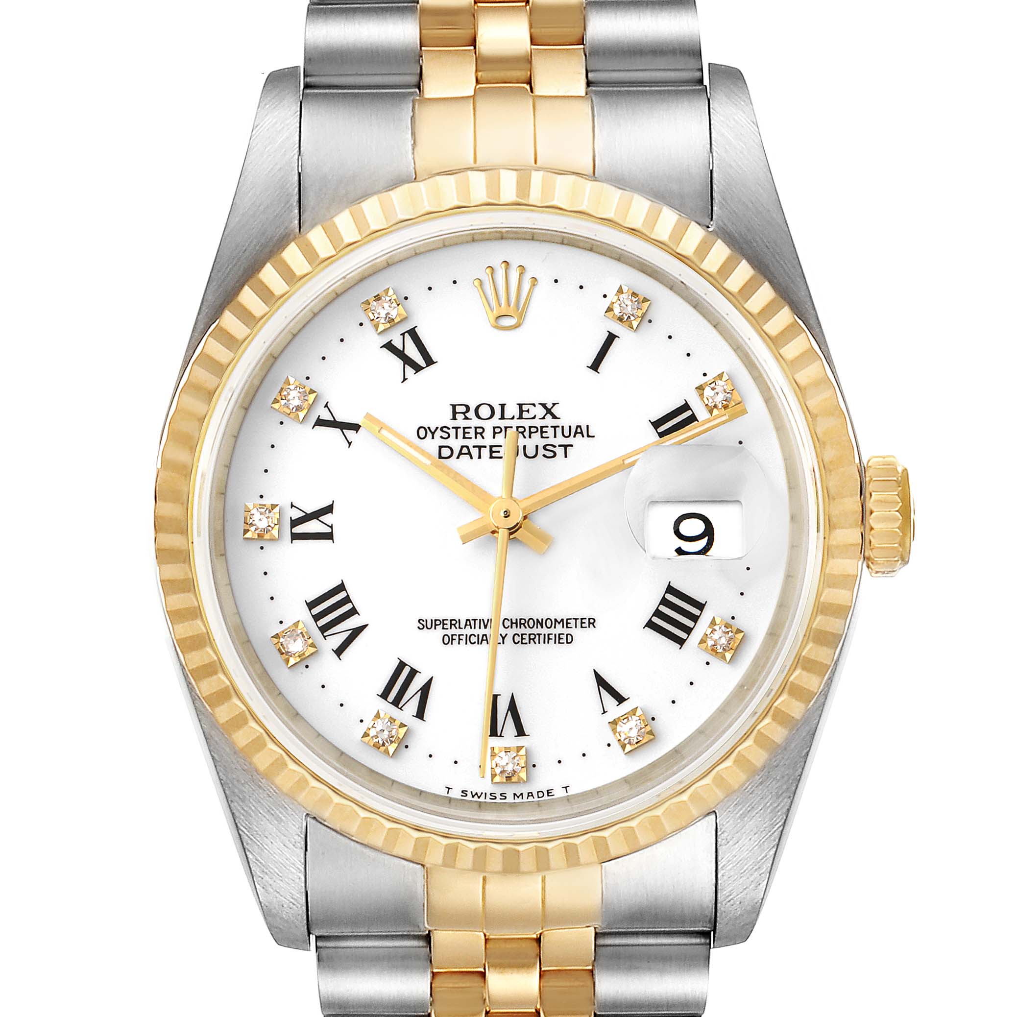 This image shows a front view of a Rolex Datejust 16233 Men's Steel and Gold (two tone) White Dial 16233 Men's Steel and Gold (two tone) White Dial watch, highlighting the dial, bezel, and part of the bracelet.