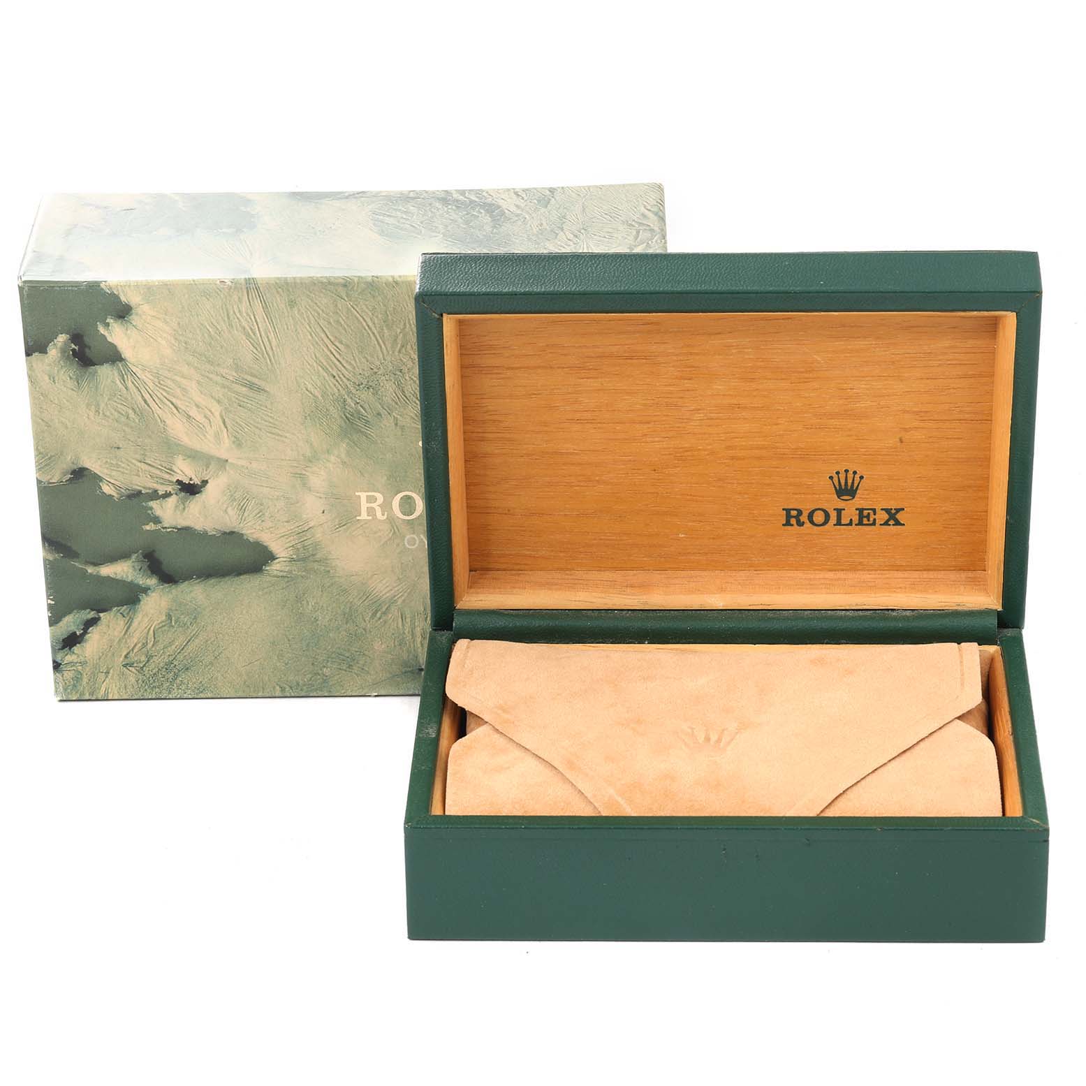 The image shows the open box of a Rolex Datejust 16233 Men's Steel and Gold (two tone) White Dial 16233 Men's Steel and Gold (two tone) White Dial, featuring its wooden interior and green exterior, with the pouch inside.