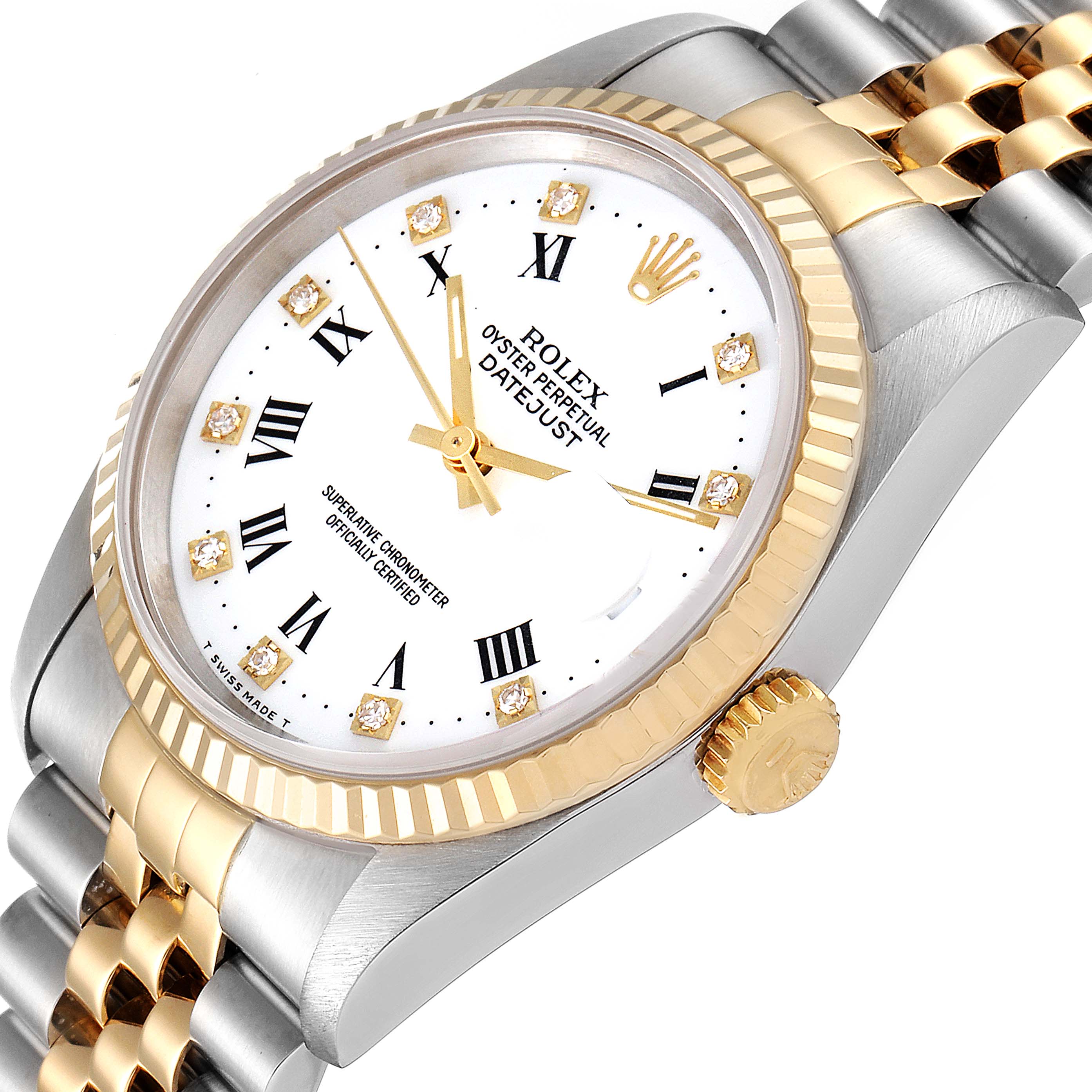 The Rolex Datejust 16233 Men's Steel and Gold (two tone) White Dial 16233 Men's Steel and Gold (two tone) White Dial watch is shown from an angled top view, highlighting the dial, bezel, and bracelet.