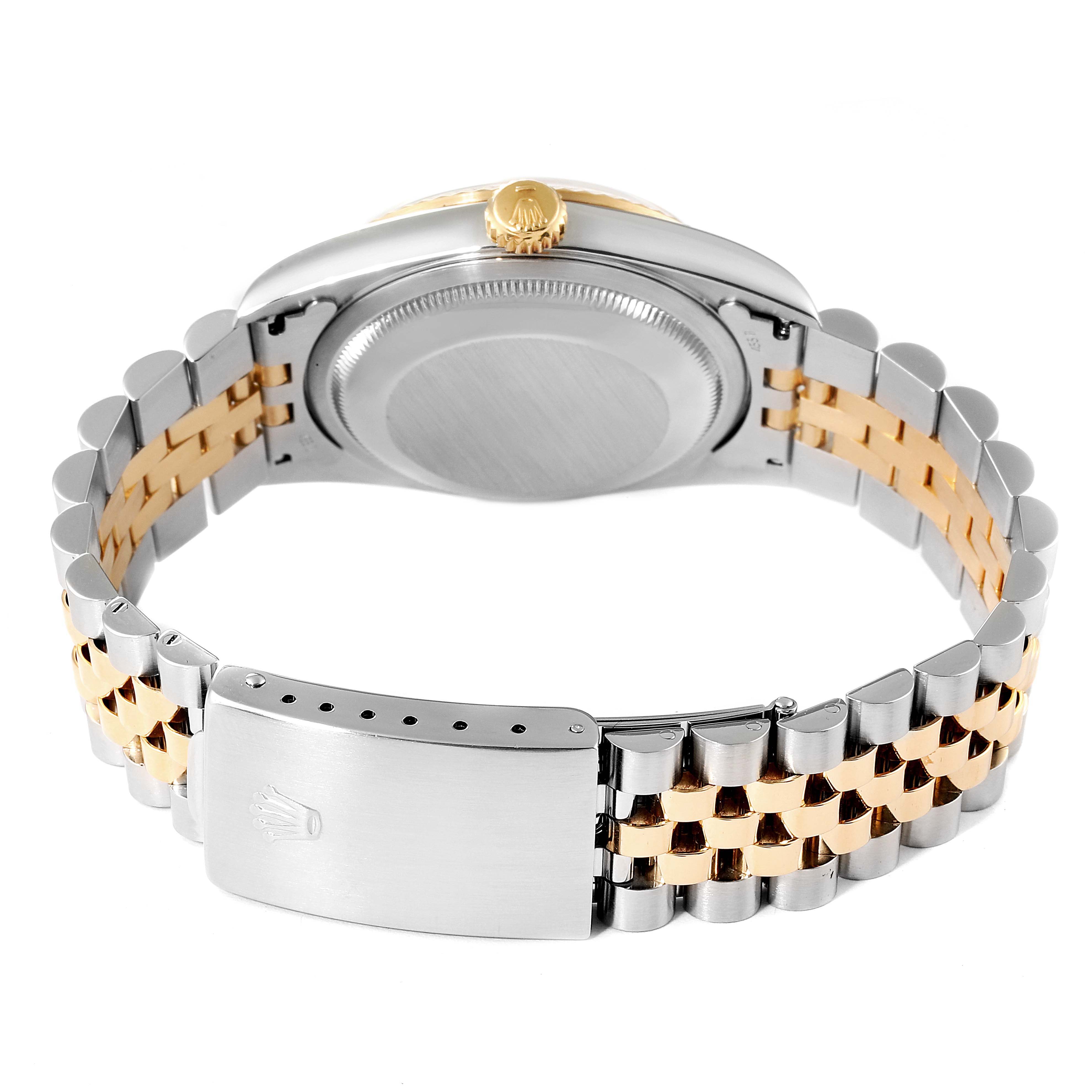 The image shows the back case and bracelet of a Rolex Datejust 16233 Men's Steel and Gold (two tone) White Dial 16233 Men's Steel and Gold (two tone) White Dial watch at a rear angle.