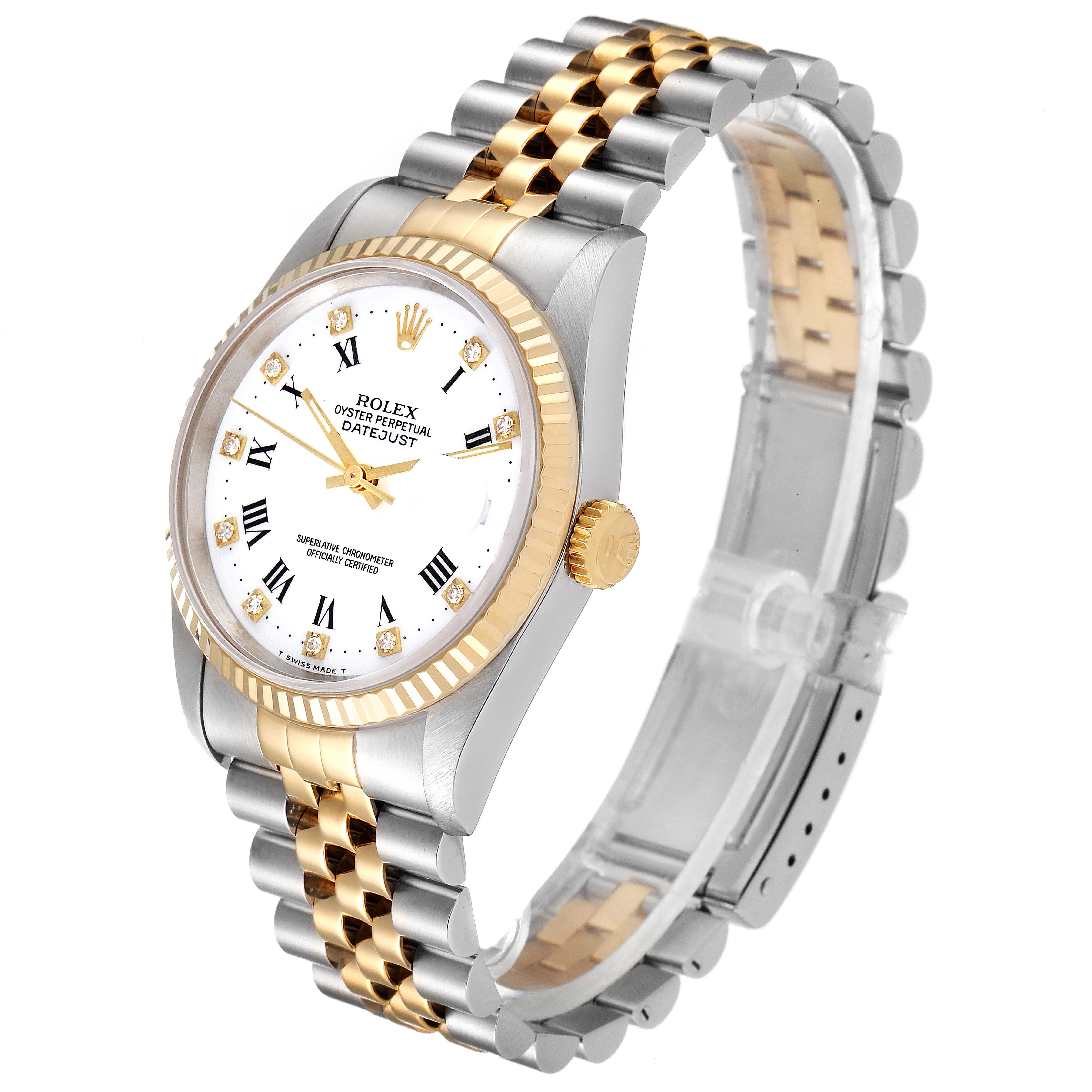 This image showcases the Rolex Datejust 16233 Men's Steel and Gold (two tone) White Dial 16233 Men's Steel and Gold (two tone) White Dial watch at an angled perspective, highlighting the face, bezel, and two-tone bracelet.