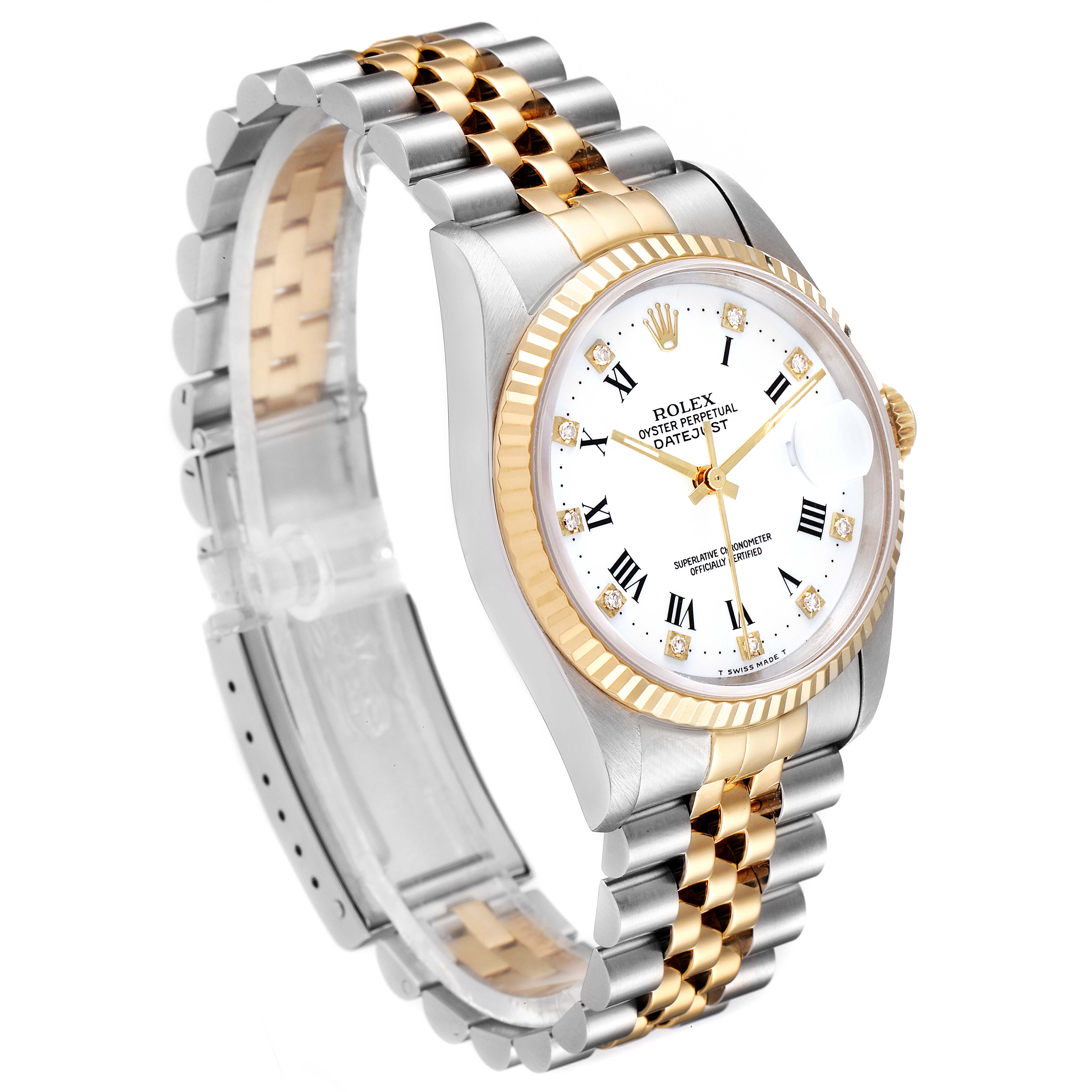 The Rolex Datejust 16233 Men's Steel and Gold (two tone) White Dial 16233 Men's Steel and Gold (two tone) White Dial watch is shown at a three-quarter angle displaying the face, bezel, and two-tone bracelet.