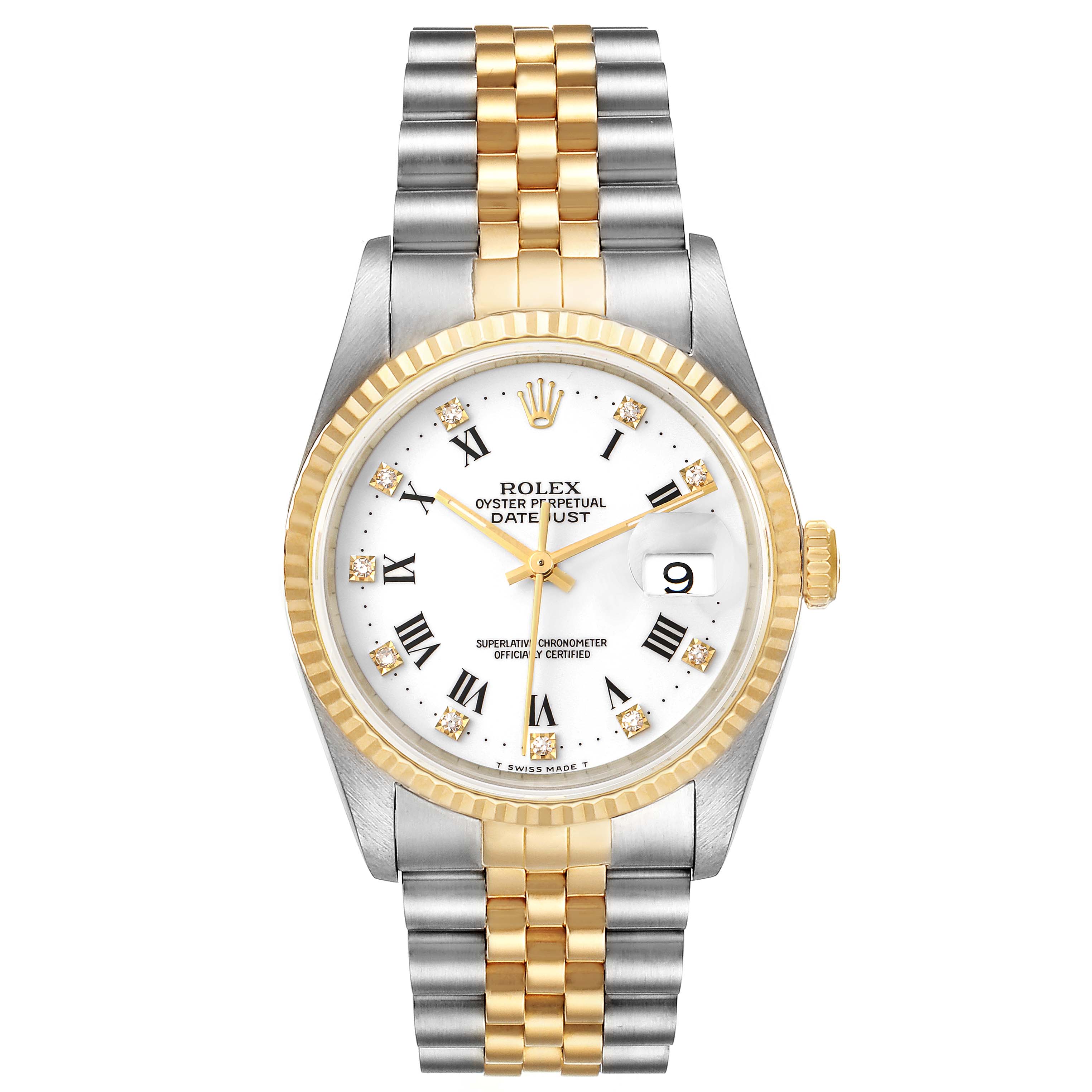 This image shows a Rolex Datejust 16233 Men's Steel and Gold (two tone) White Dial 16233 Men's Steel and Gold (two tone) White Dial watch from a front angle, highlighting the dial, bezel, and two-tone Jubilee bracelet.