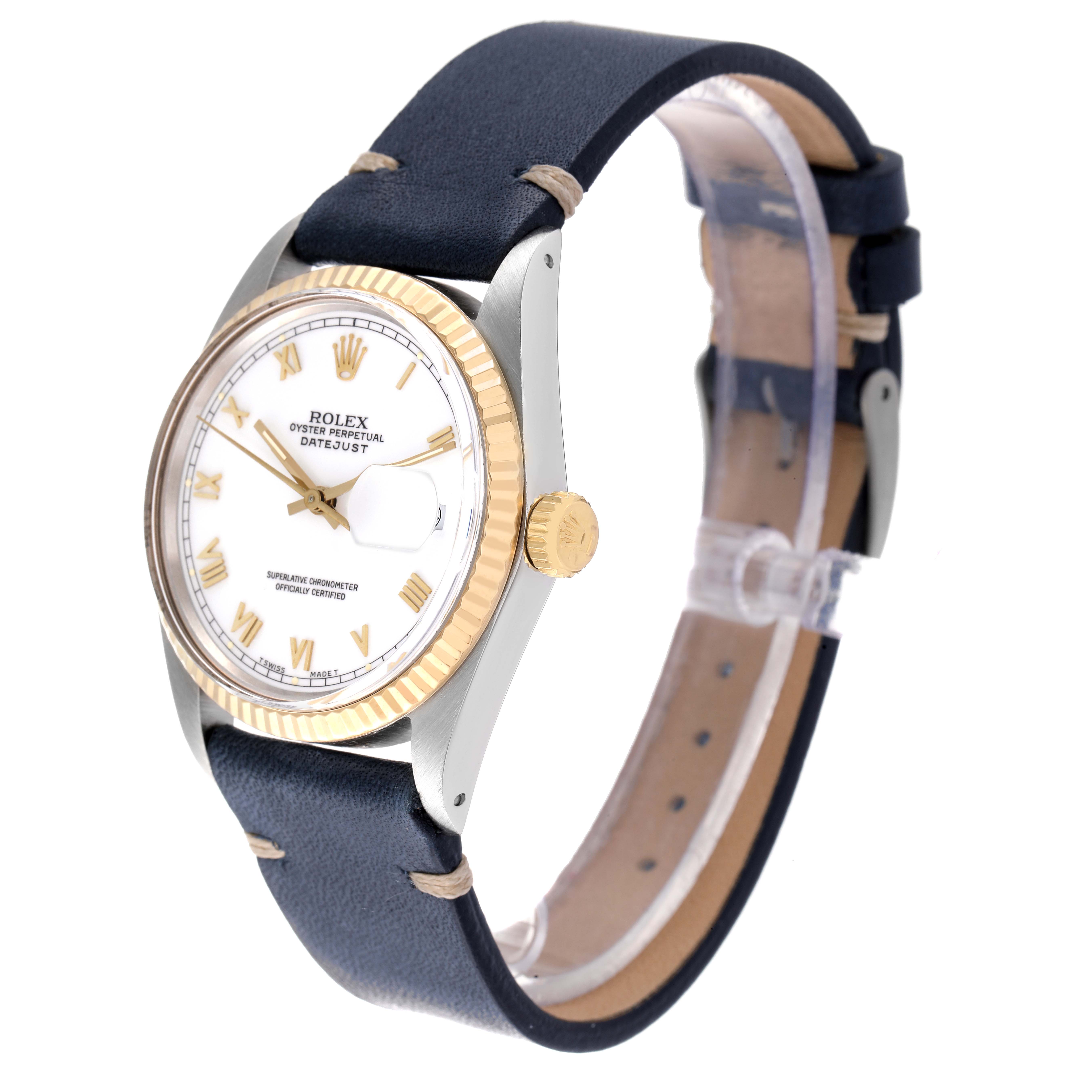 The Rolex Vintage Collection 16013 Men's Steel and Gold (two tone) White Dial 16013 Men's Steel and Gold (two tone) White Dial watch is shown at a slight angle, highlighting the face, bezel, crown, and leather strap.