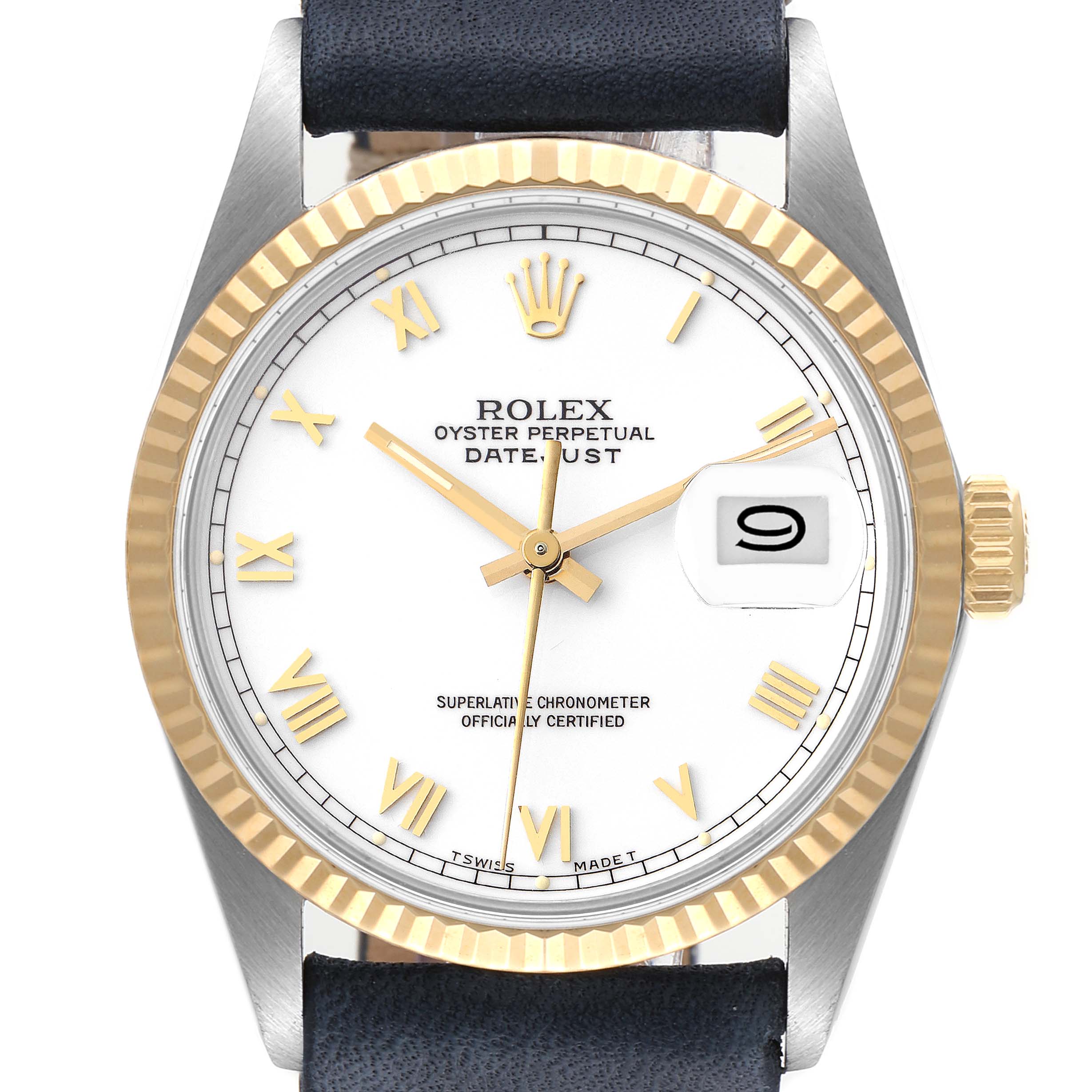 The image shows a front view of the dial and bezel of the Rolex Vintage Collection 16013 Men's Steel and Gold (two tone) White Dial 16013 Men's Steel and Gold (two tone) White Dial Datejust watch.