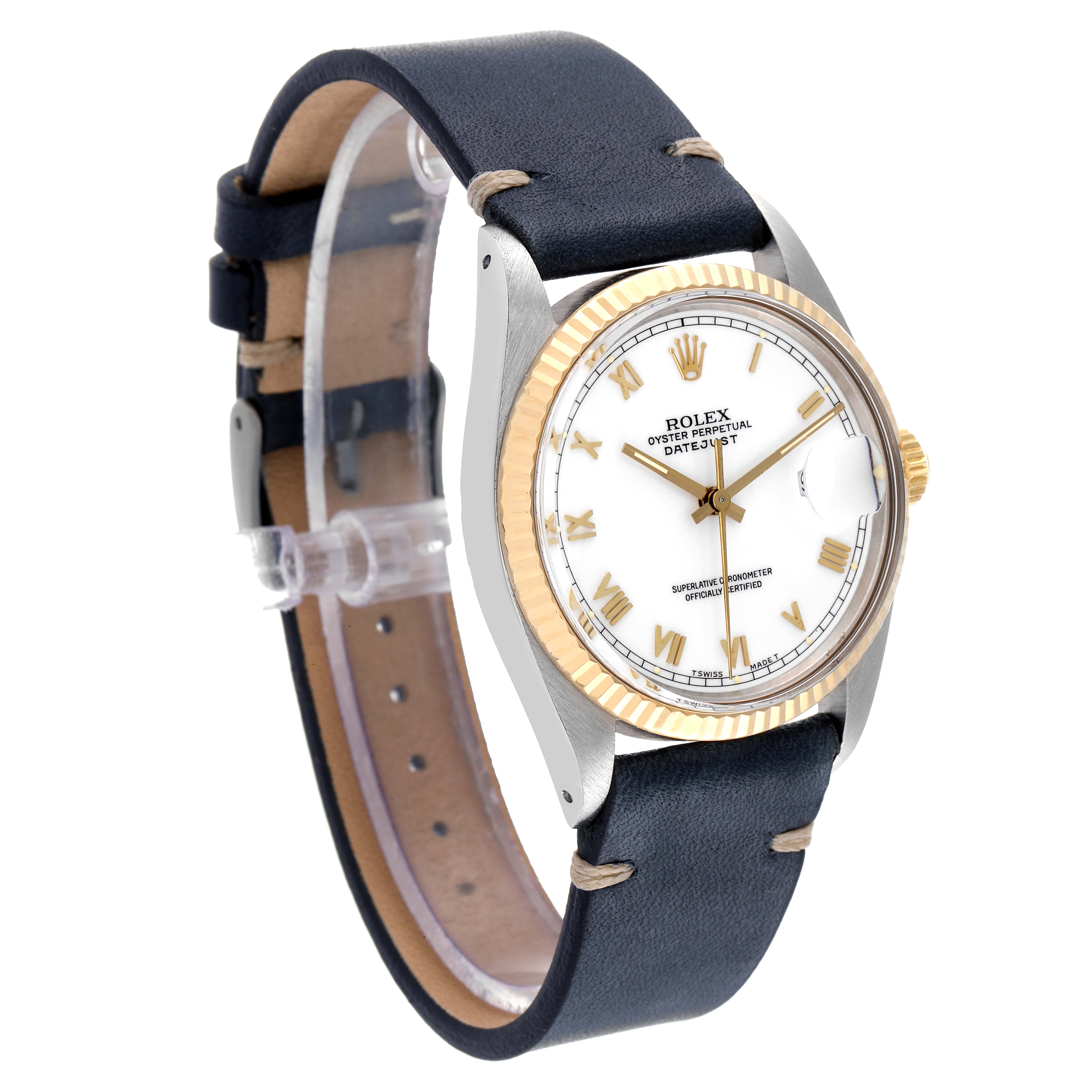 This image shows a Rolex Vintage Collection 16013 Men's Steel and Gold (two tone) White Dial 16013 Men's Steel and Gold (two tone) White Dial watch at a three-quarter angle, highlighting the dial, bezel, and leather strap.