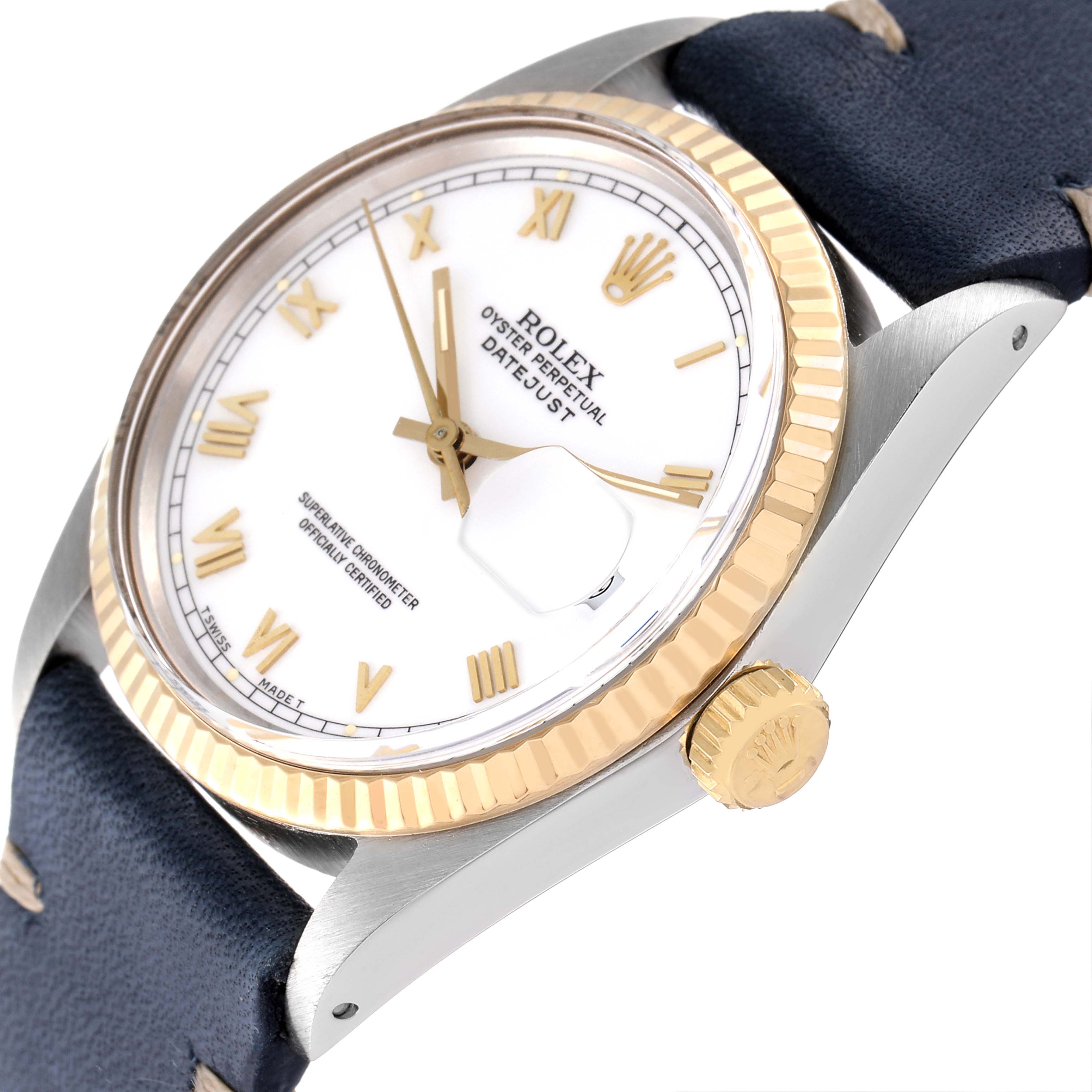 The Rolex Vintage Collection 16013 Men's Steel and Gold (two tone) White Dial 16013 Men's Steel and Gold (two tone) White Dial Datejust watch is shown at an angle, highlighting its case, dial, bezel, and crown.