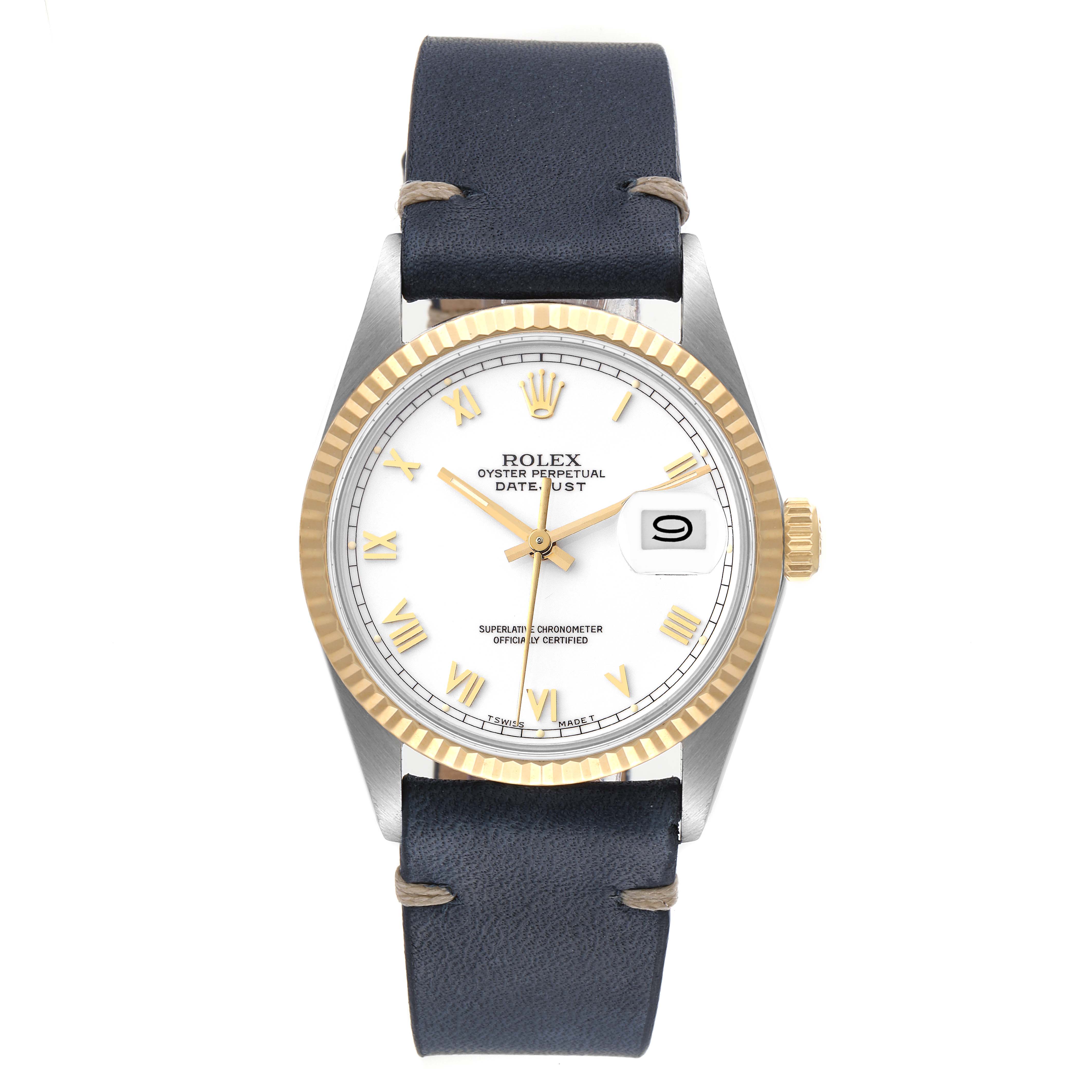 The Rolex Vintage Collection 16013 Men's Steel and Gold (two tone) White Dial 16013 Men's Steel and Gold (two tone) White Dial model watch is shown from the front, displaying the face, bezel, and leather strap.