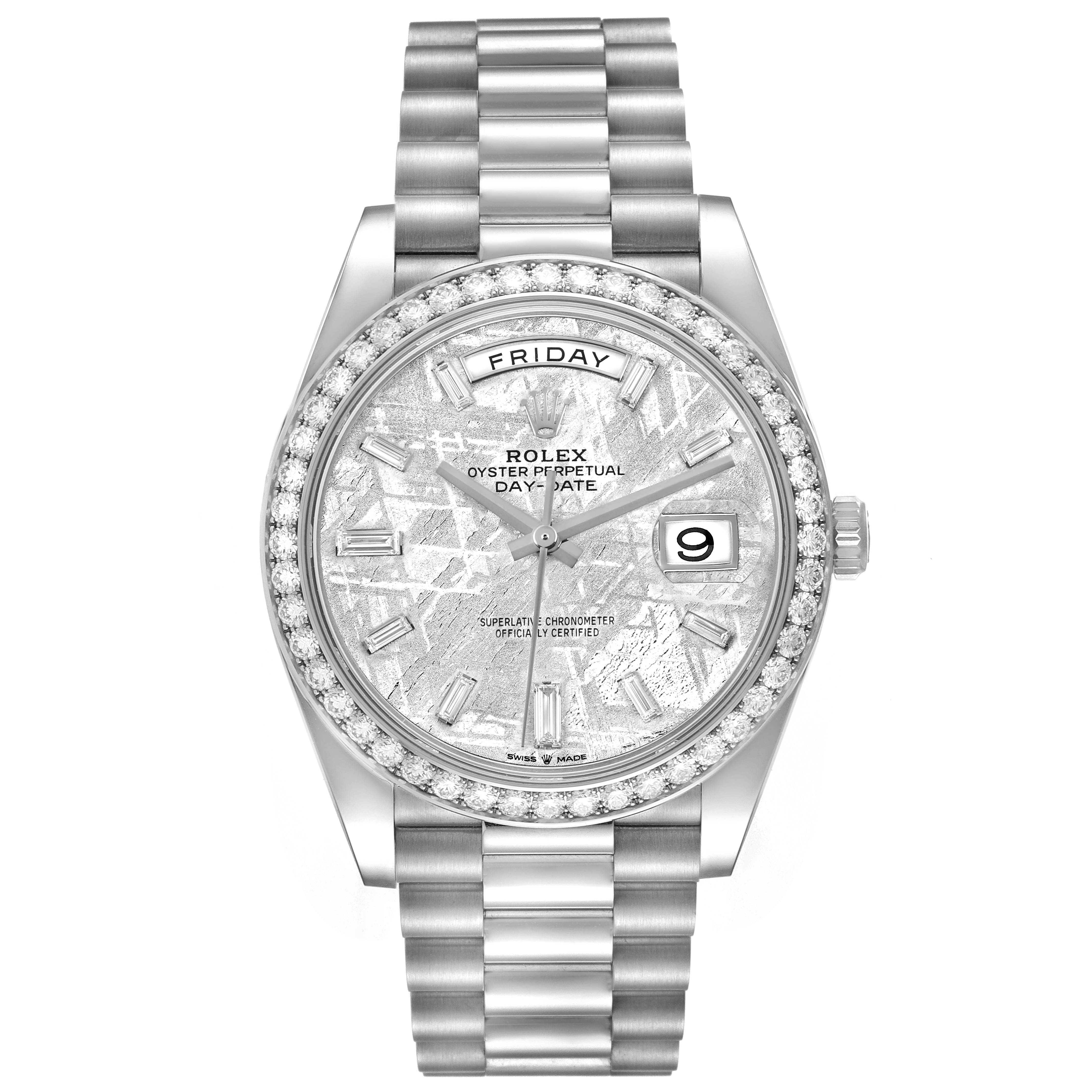 The Rolex President 228349 Men's White Gold Silver Dial model watch is shown from the front, highlighting the meteorite dial, day-date display, and diamond bezel.