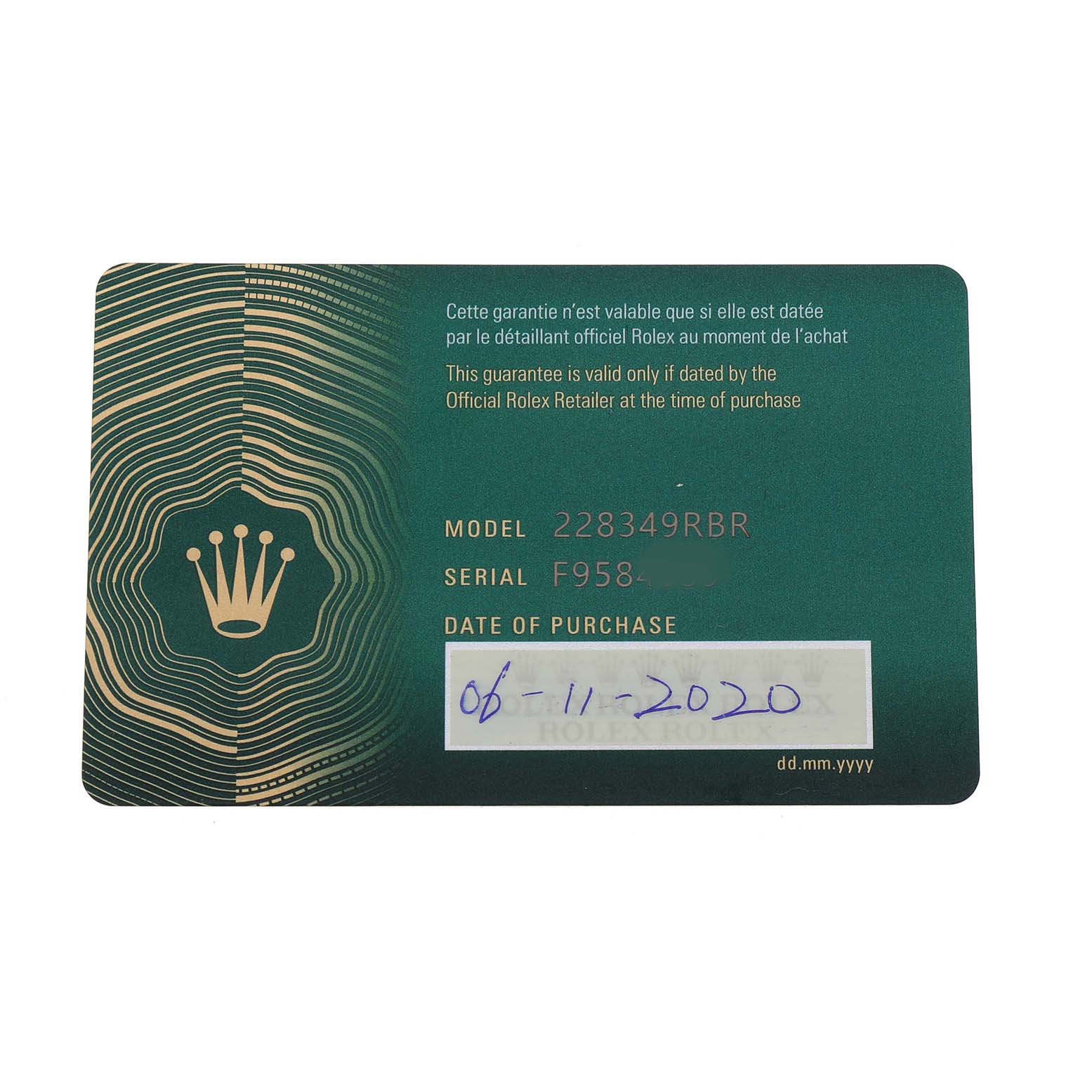 The image shows a guarantee card for the Rolex President 228349 Men's White Gold Silver Dial model, displaying the model and serial number details.