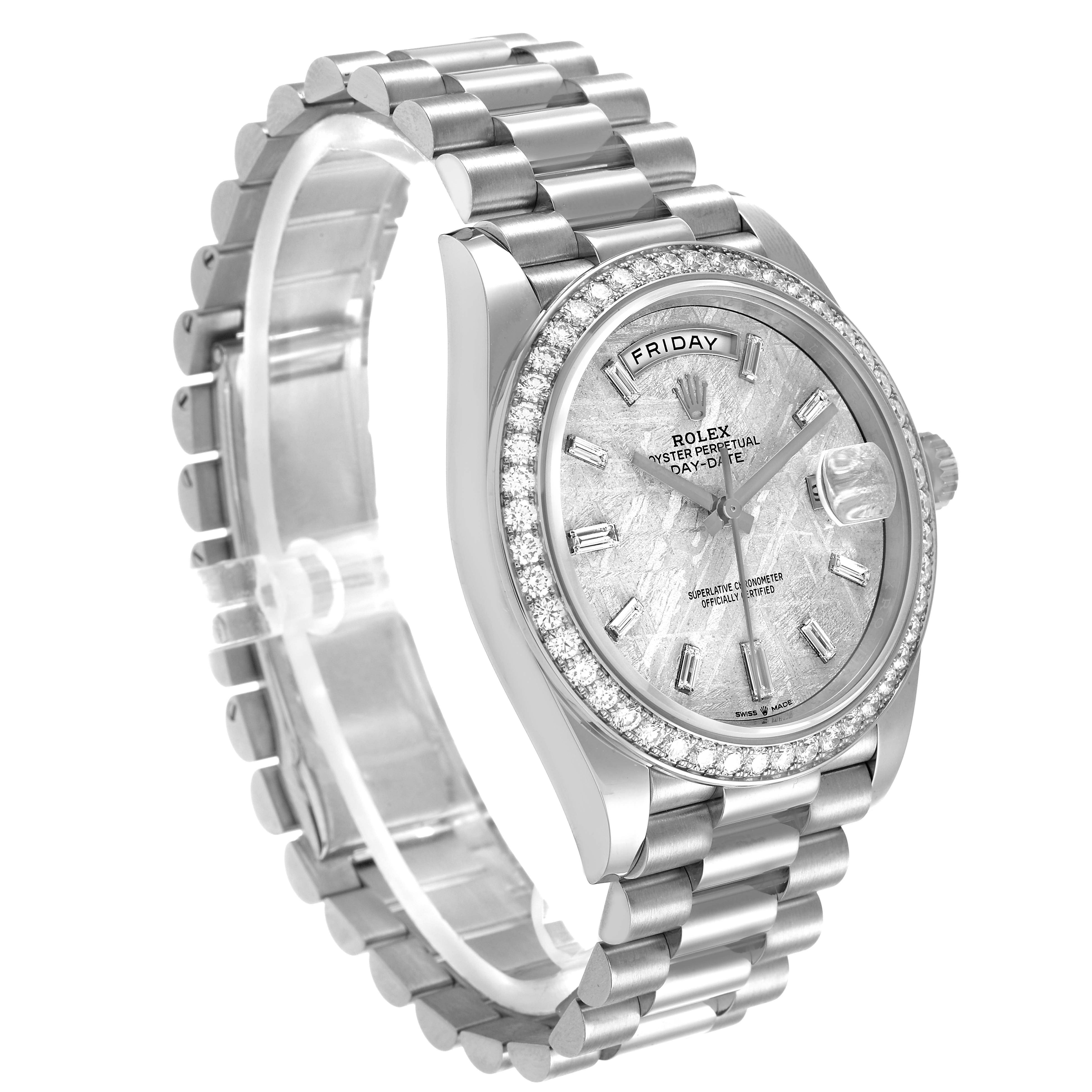The Rolex President 228349 Men's White Gold Silver Dial model is shown from an angled side view, highlighting the bracelet, bezel, and face with day-date display.