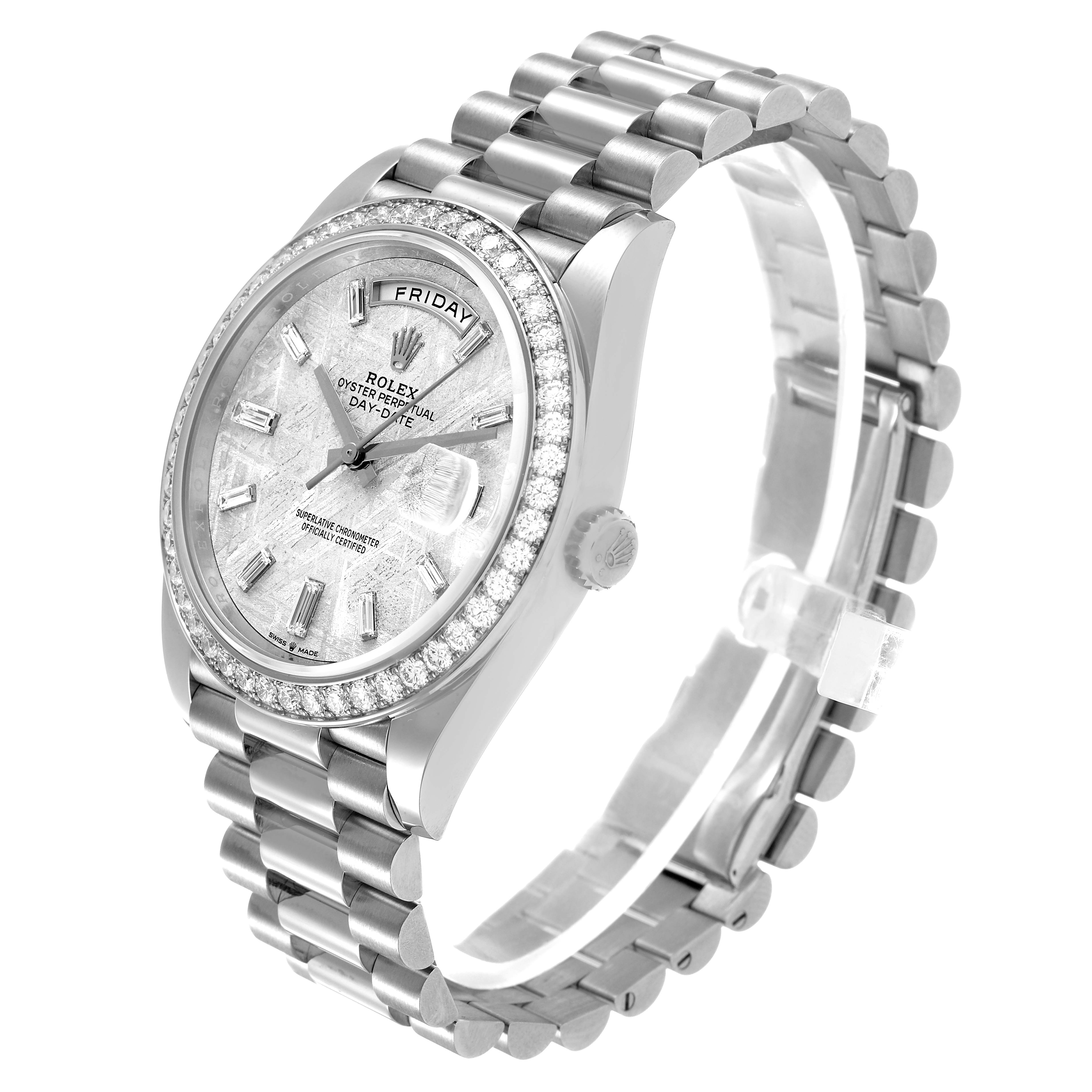 The Rolex President 228349 Men's White Gold Silver Dial model watch is shown at a three-quarter angle, highlighting the dial, bezel, and bracelet.