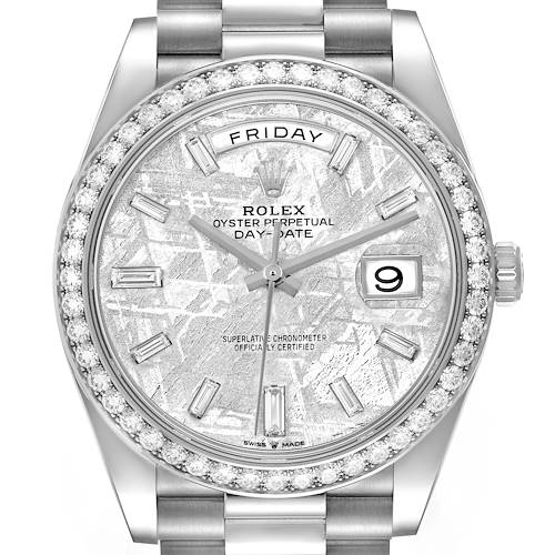 The Rolex President 228349 Men's White Gold Silver Dial model watch is shown from a front angle, highlighting its face, bezel, and crown.