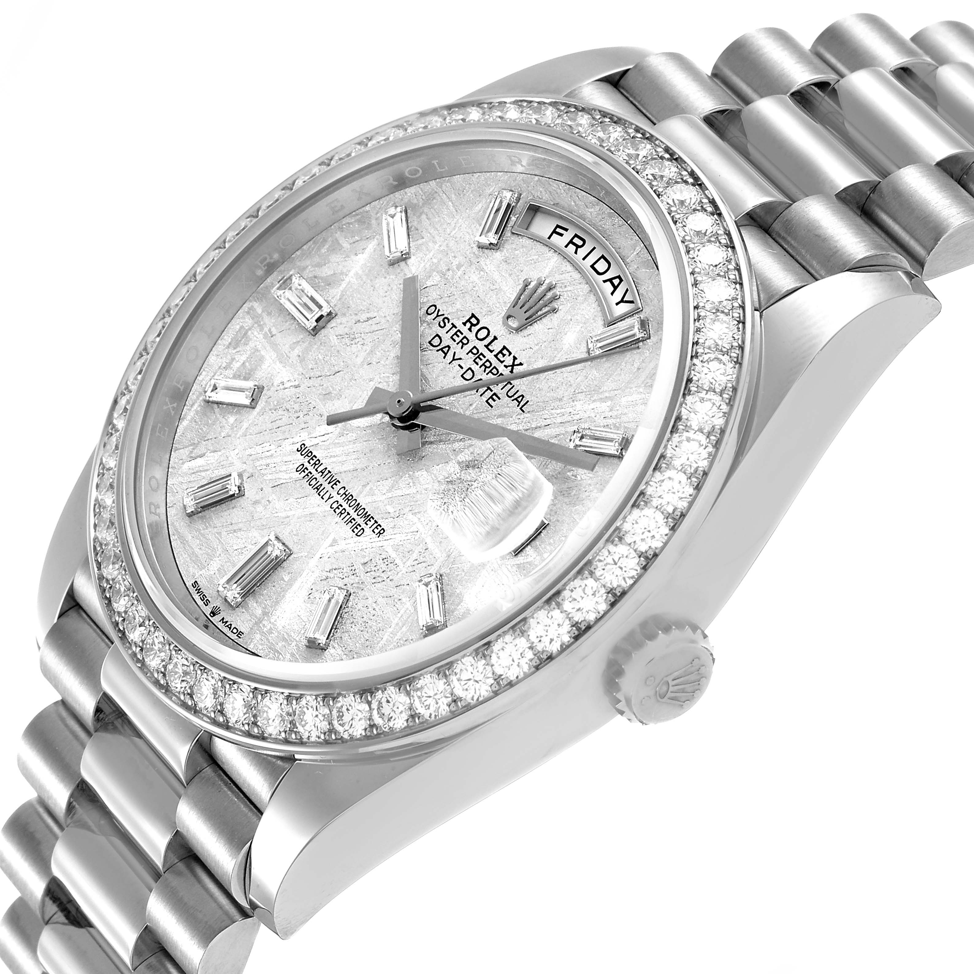 The Rolex President 228349 Men's White Gold Silver Dial model watch is shown at a tilted angle, highlighting the diamond bezel, textured dial, and bracelet.