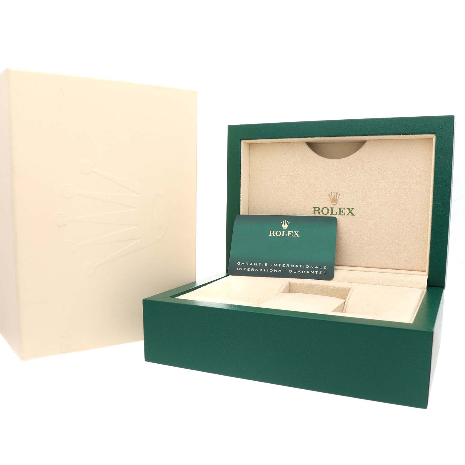 The image shows an open Rolex President 228349 Men's White Gold Silver Dial watch box and guarantee card, viewed from the front.