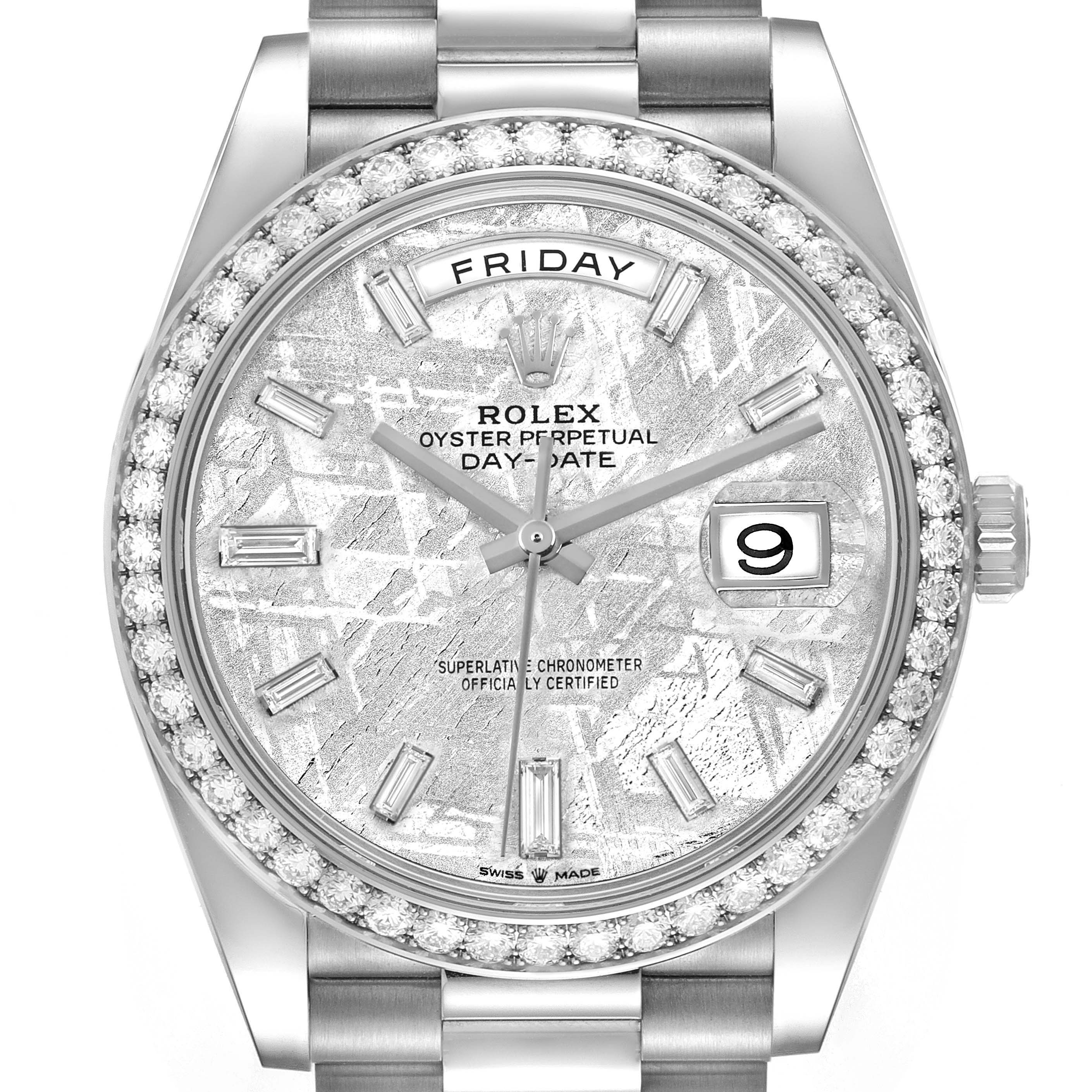 The Rolex President 228349 Men's White Gold Silver Dial model watch is shown from a front angle, highlighting the dial, bezel, and band junction.
