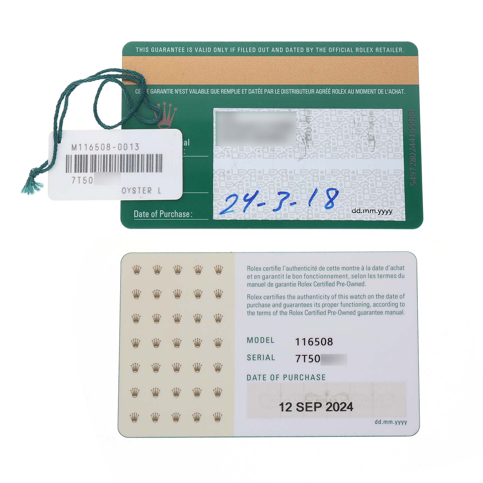 The image shows a Daytona model by Rolex warranty cards, one with a barcode and date, and another with model and purchase details.