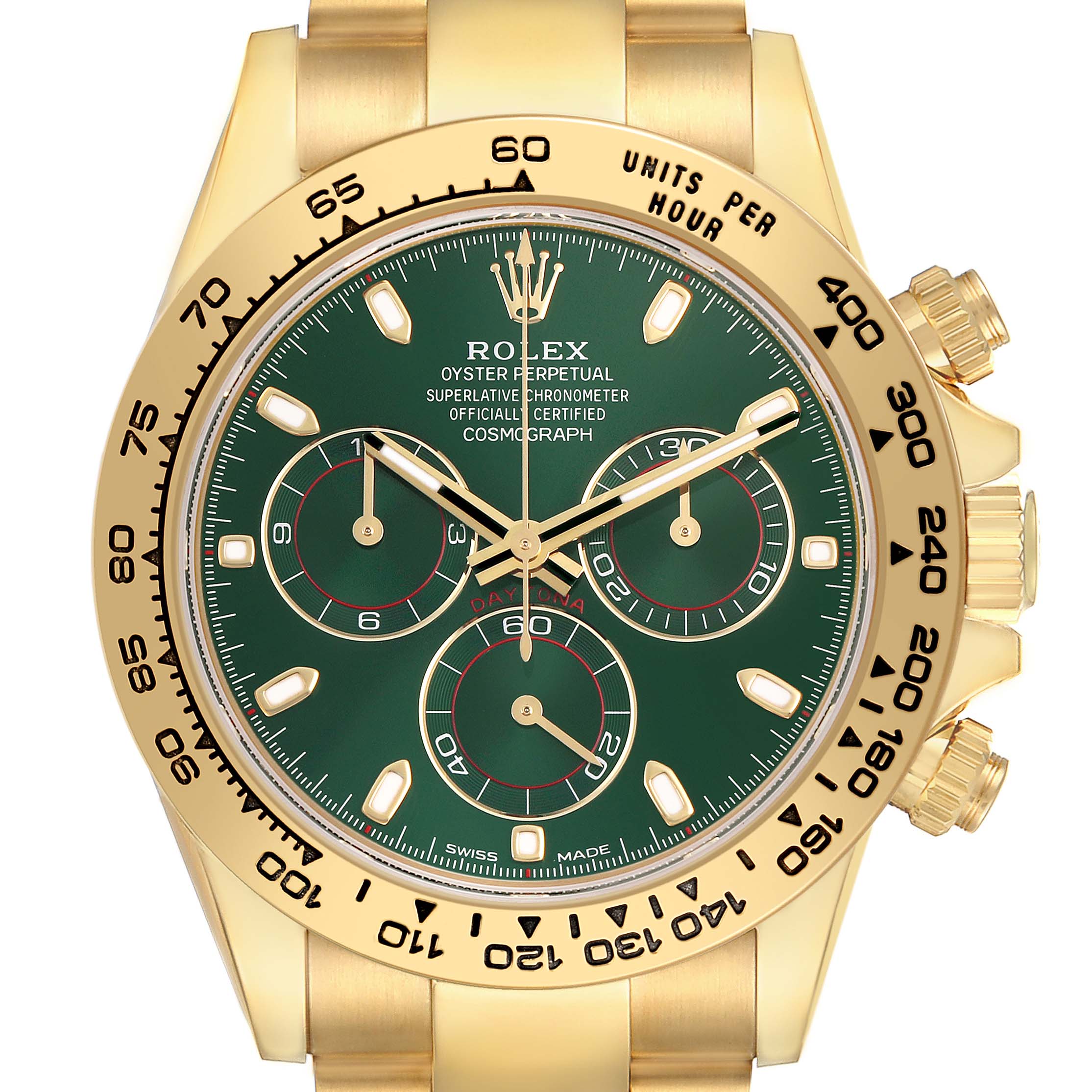 The Rolex Daytona 116508 Men's Yellow Gold Green Dial watch is shown from a front angle, highlighting its bezel, crown, and dial with subdials.