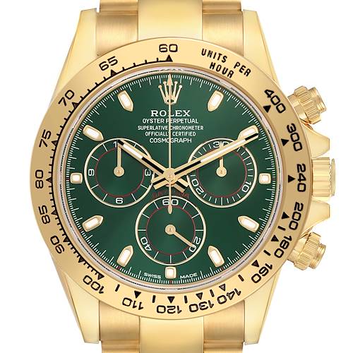 The Rolex Daytona 116508 Men's Yellow Gold Green Dial is shown from a front angle, displaying the green dial, chronograph subdials, and gold bezel.