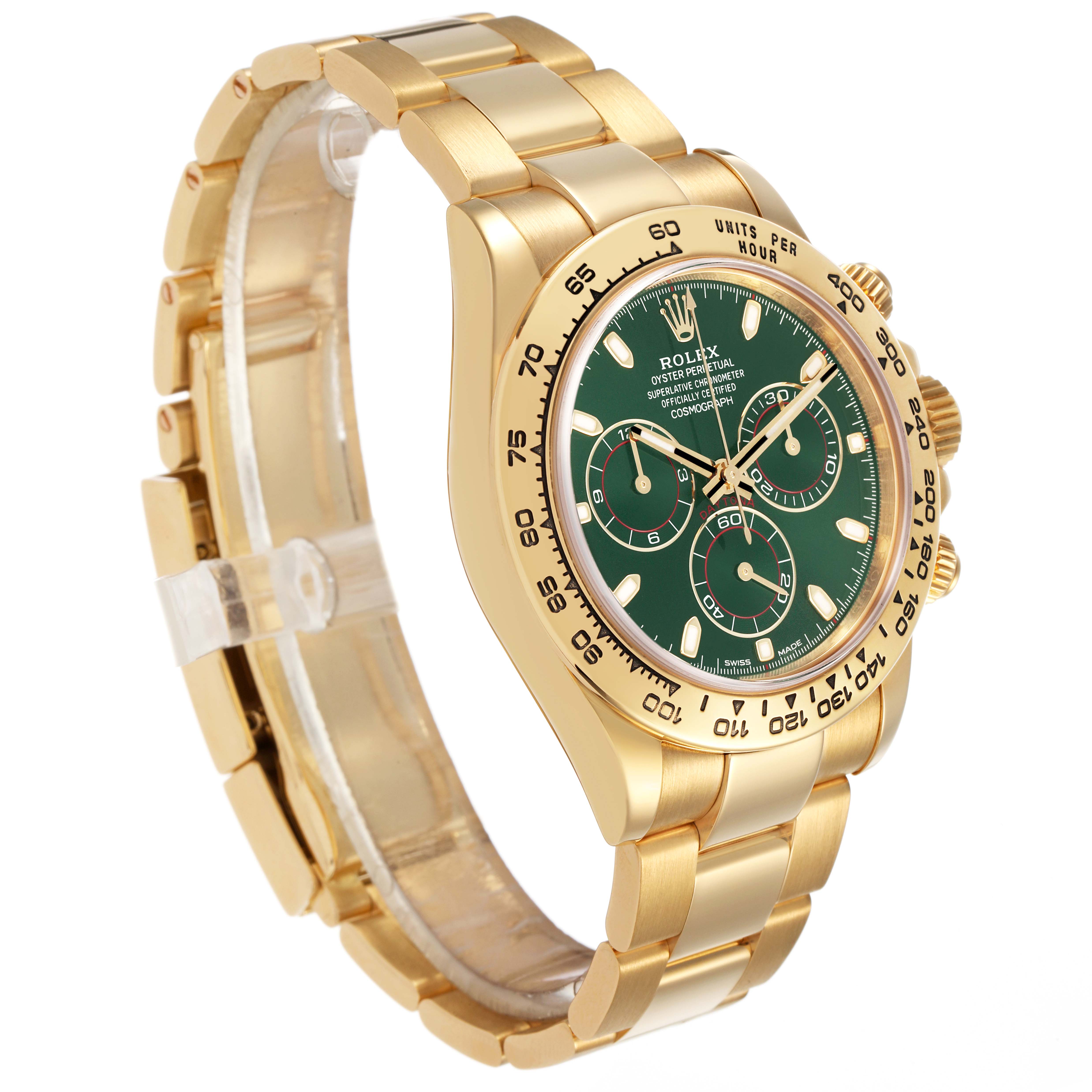 The Rolex Daytona 116508 Men's Yellow Gold Green Dial watch is shown at a three-quarter angle, highlighting the dial, bezel, crown, and bracelet.