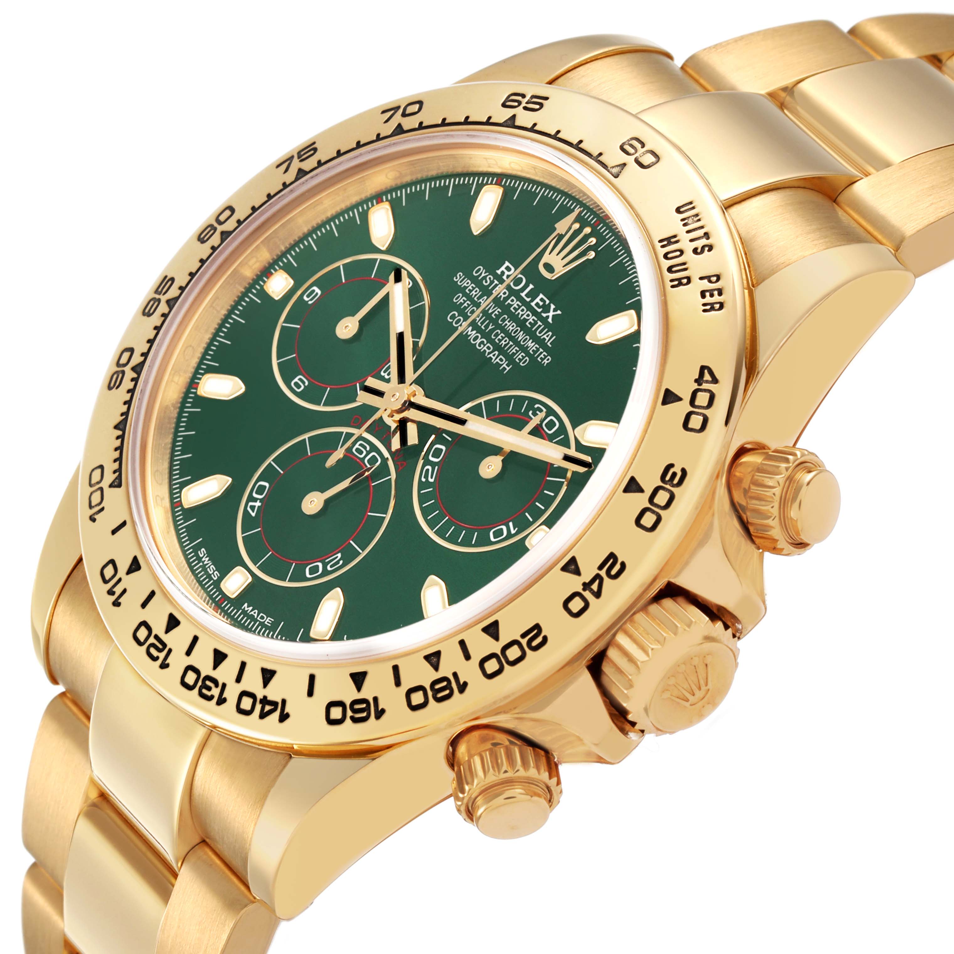 The Rolex Daytona 116508 Men's Yellow Gold Green Dial watch is shown at an angle highlighting the green dial, bezel, and gold bracelet.