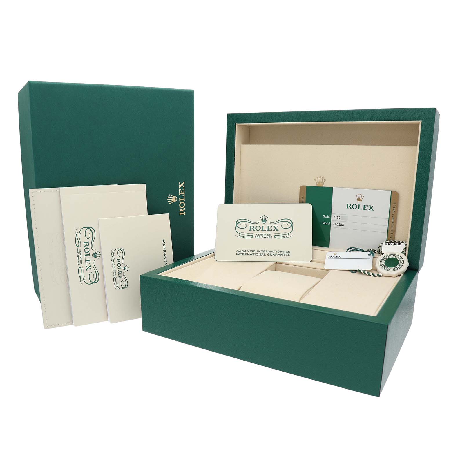 The image shows the Rolex Daytona 116508 Men's Yellow Gold Green Dial packaging, including the box, warranty card, and booklet, presented from a front-facing angle.