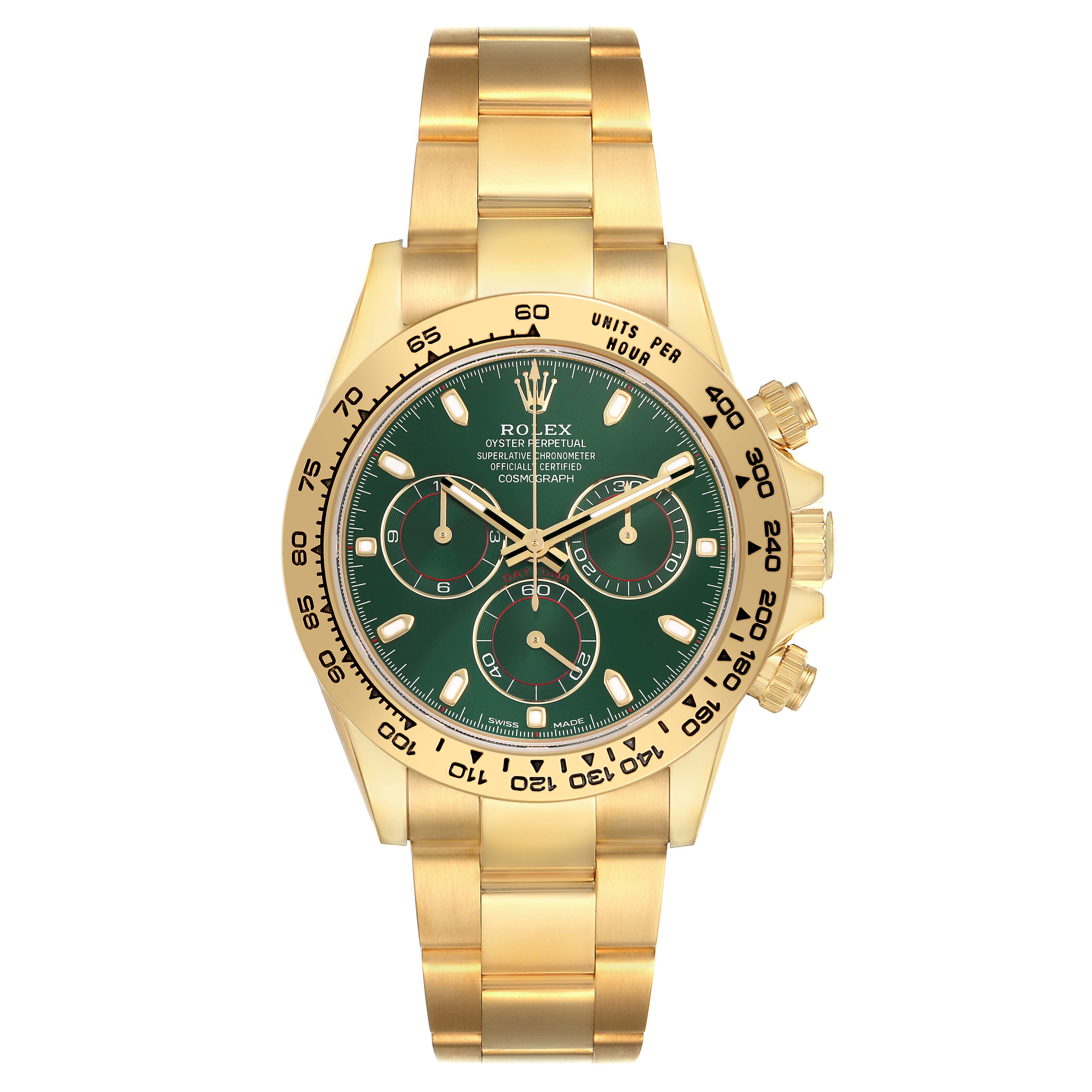 The Rolex Daytona 116508 Men's Yellow Gold Green Dial watch is shown from the front, highlighting its green dial, gold case, bezel, and bracelet.