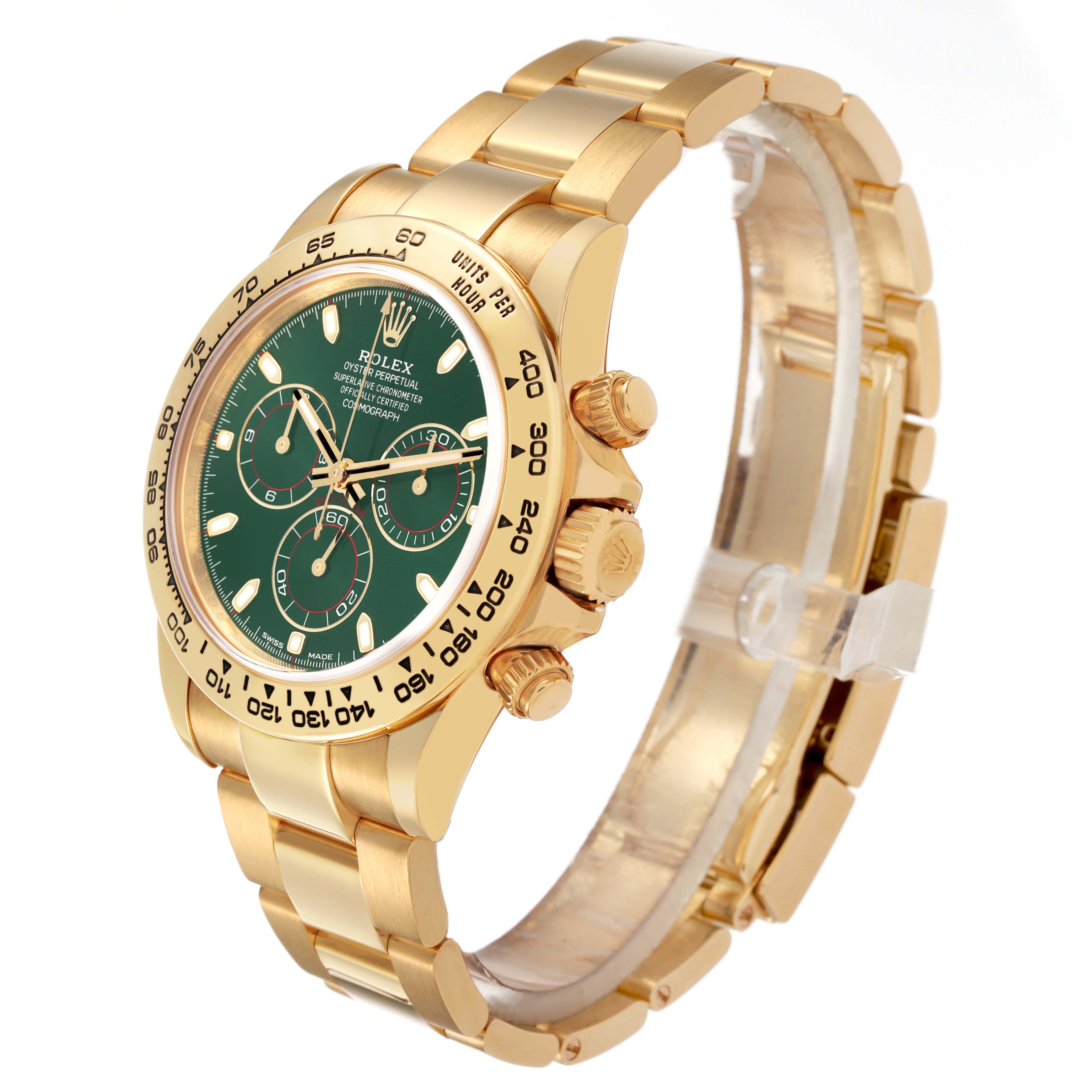 The image shows a Rolex Daytona 116508 Men's Yellow Gold Green Dial at a three-quarter angle, highlighting the case, bezel, dial, crown, and bracelet.