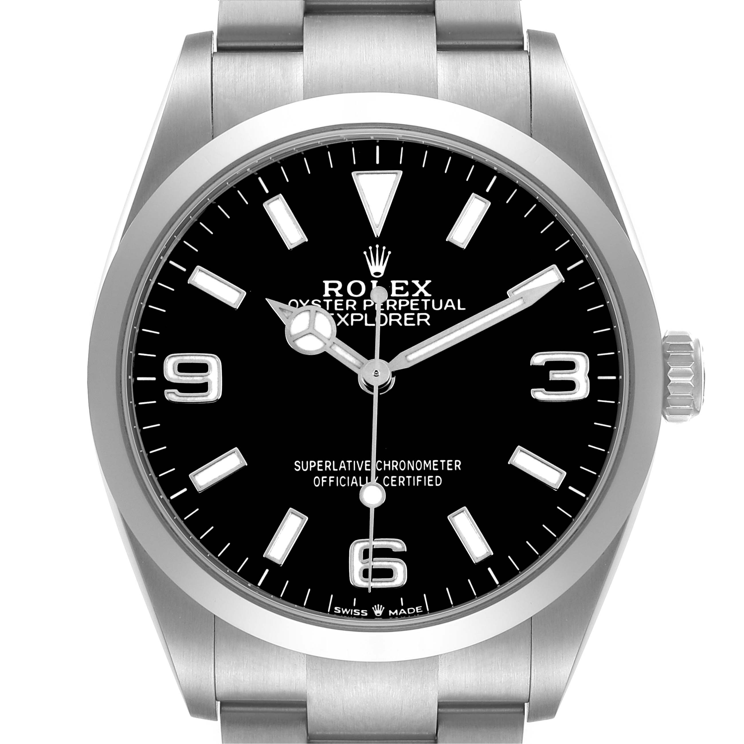 The Rolex Explorer 124270 Men's Stainless Steel Black Dial watch is shown from the front, highlighting the dial, hands, bezel, crown, and bracelet.