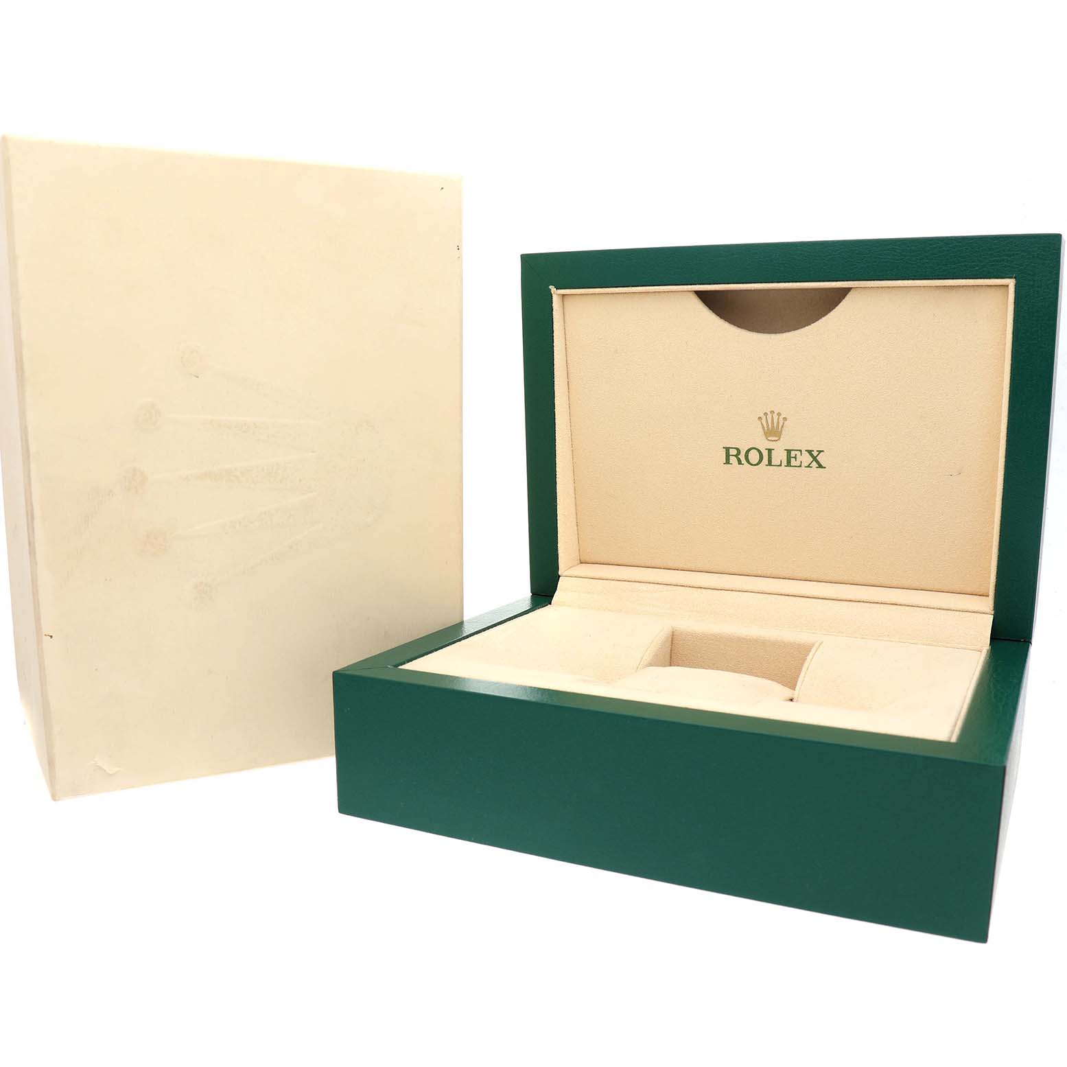 The image shows an open Rolex Explorer 124270 Men's Stainless Steel Black Dial watch box, angled to reveal its green exterior and beige interior.