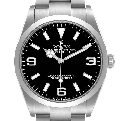 The Rolex Explorer 124270 Men's Stainless Steel Black Dial watch is shown from a front angle, displaying its face, hands, and part of the bracelet.