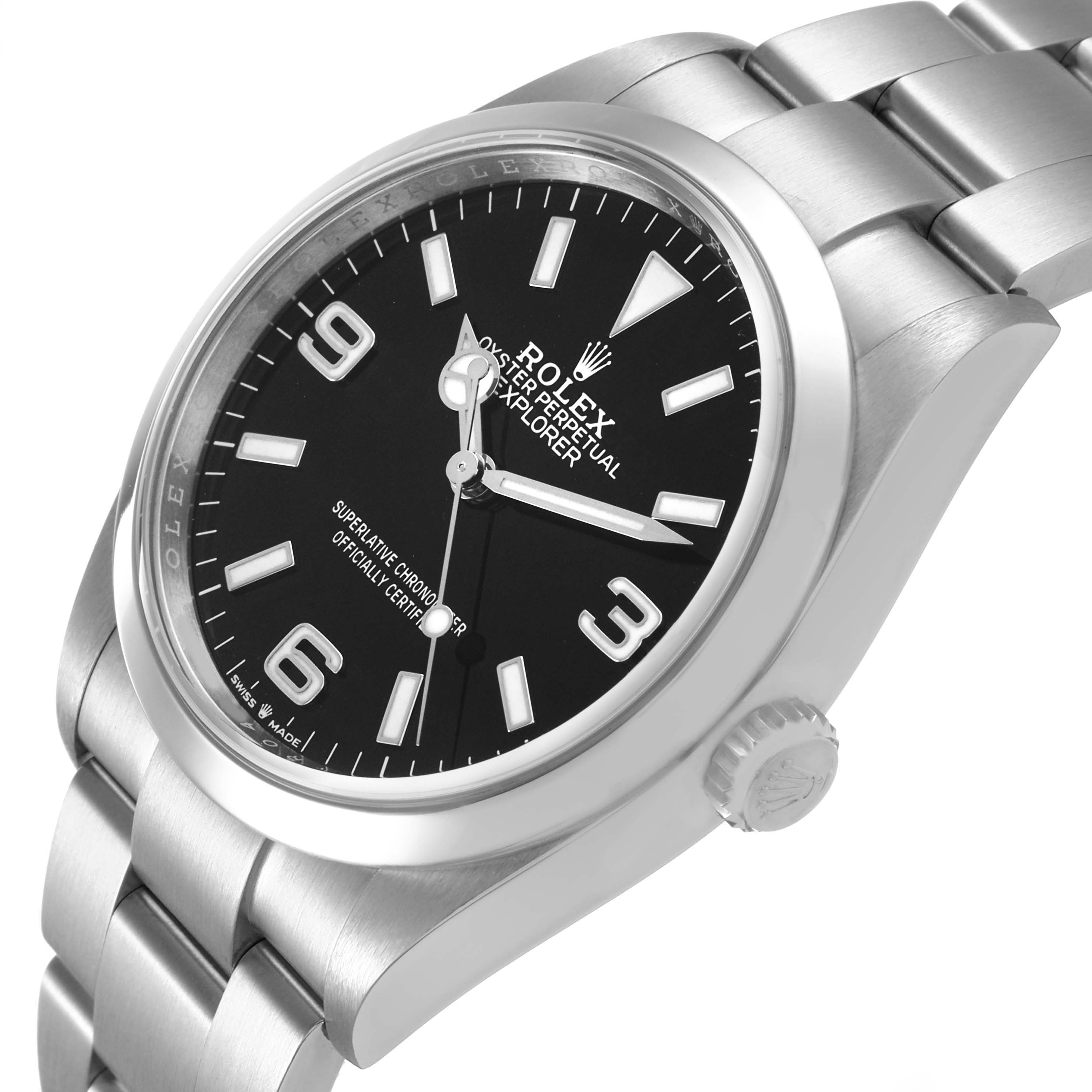 The Rolex Explorer 124270 Men's Stainless Steel Black Dial watch is shown at an angled side view displaying the black dial, crown, and part of the bracelet.