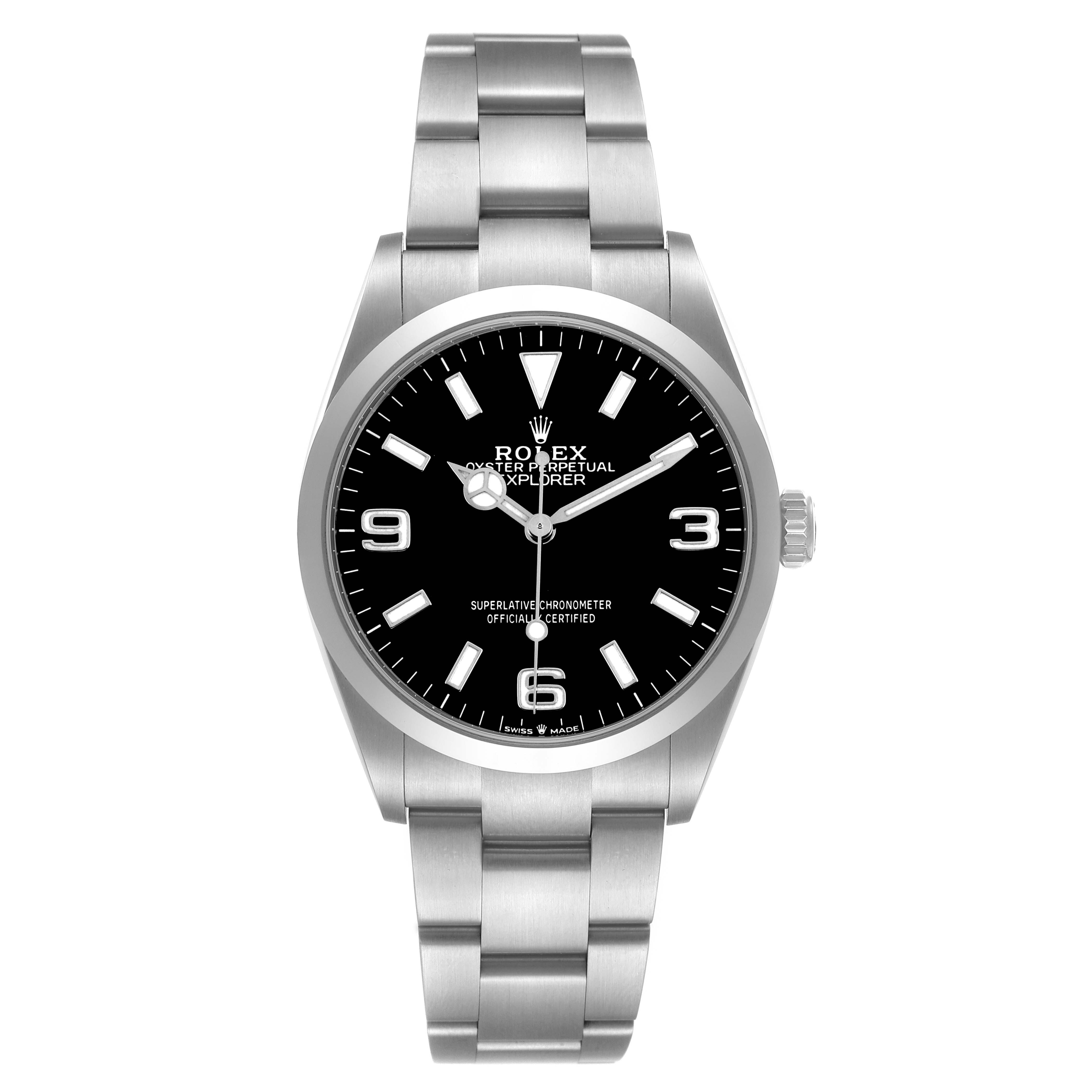 The Rolex Explorer 124270 Men's Stainless Steel Black Dial watch is shown in a front view, featuring its dial, bezel, crown, and bracelet.