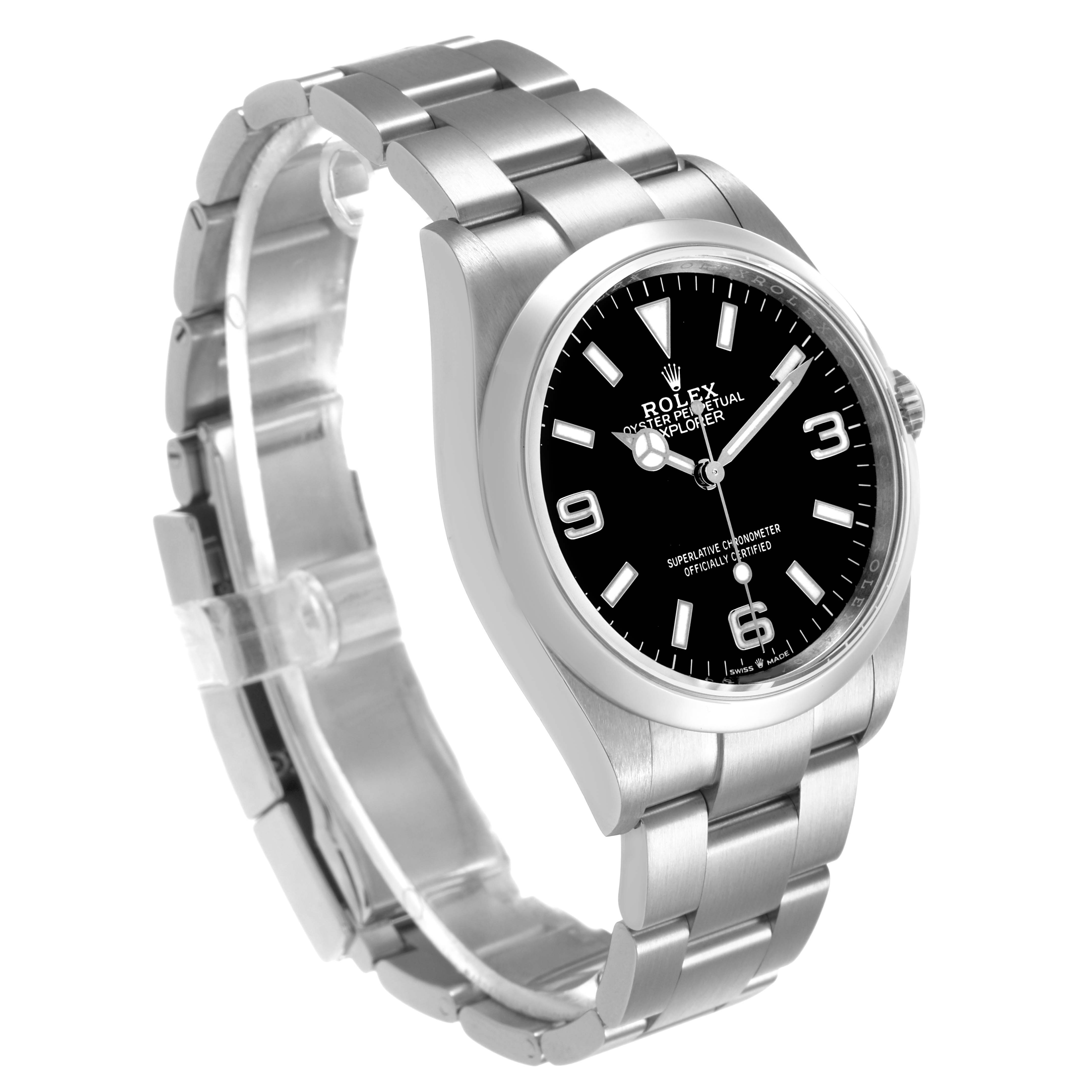 The Rolex Explorer 124270 Men's Stainless Steel Black Dial watch is shown at a three-quarter angle, displaying the dial, bezel, and brushed bracelet.